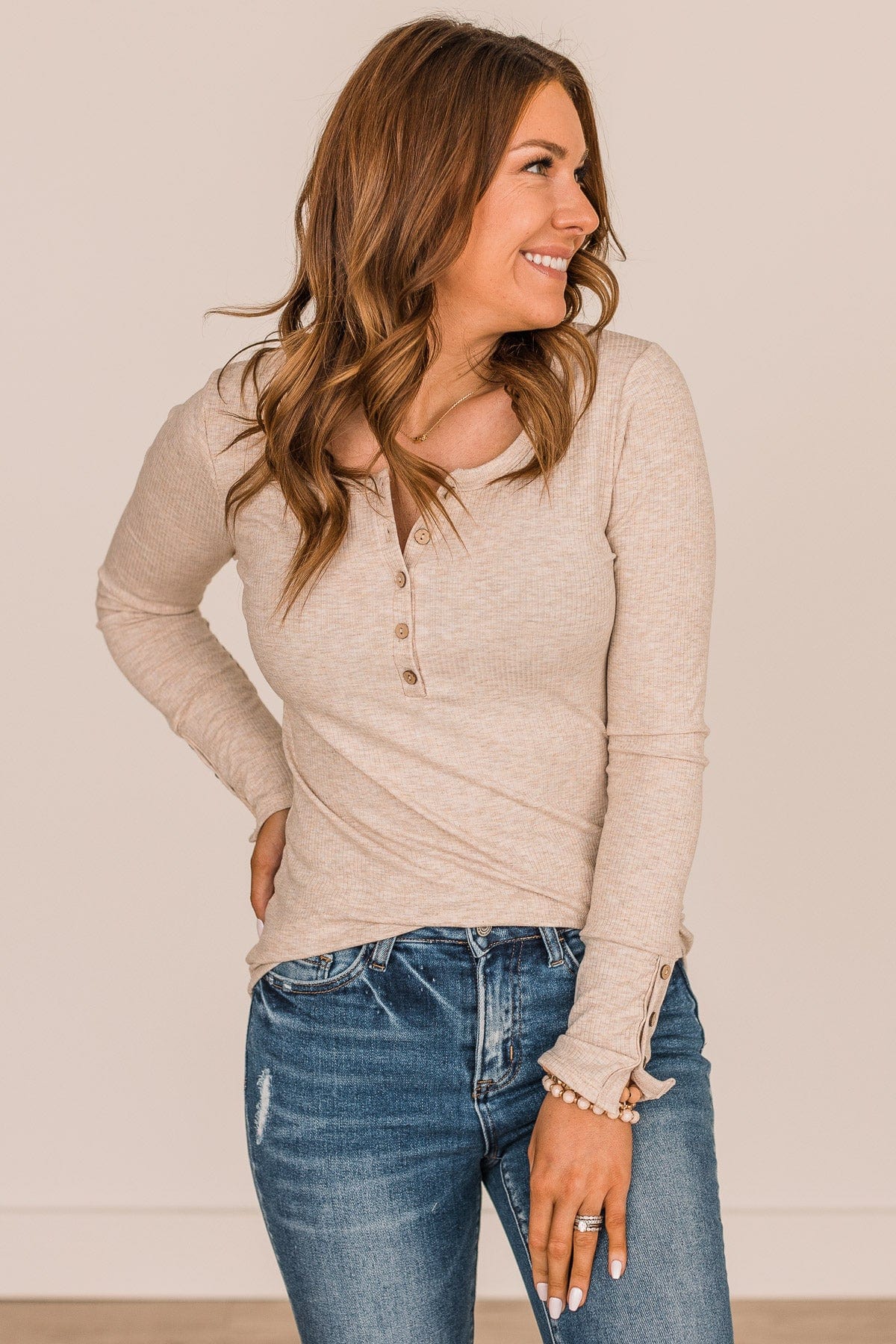 Give Your Best Long Sleeve Henley Top- Oatmeal - Image 5