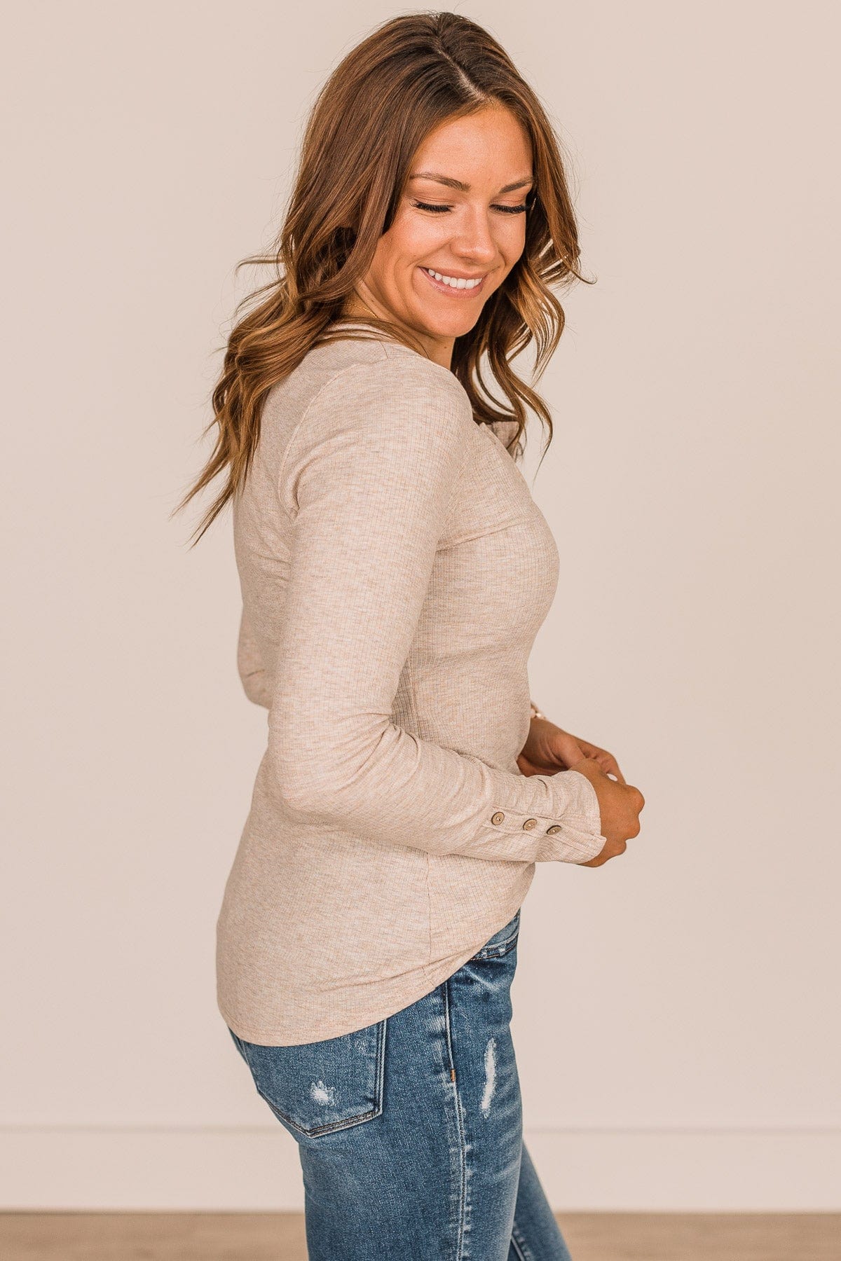 Give Your Best Long Sleeve Henley Top- Oatmeal - Image 7