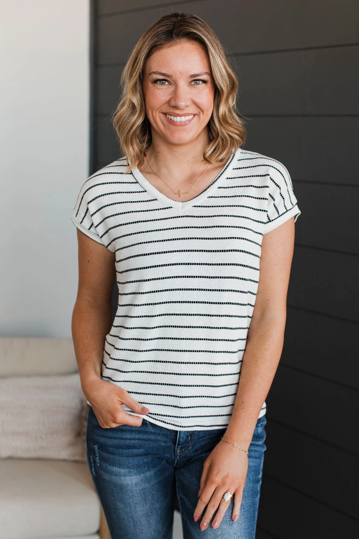 Gives Me Pause Striped V-Neck Top- Ivory