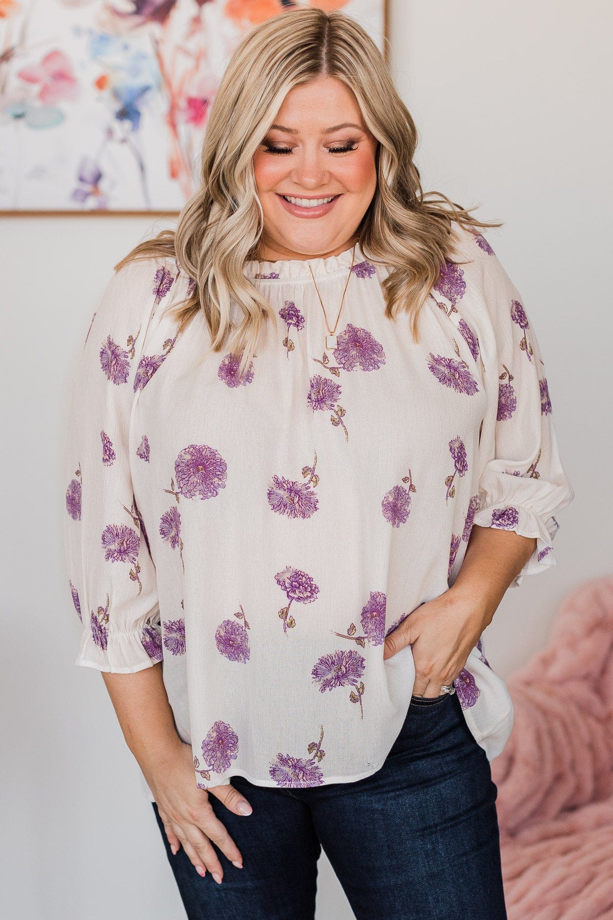 Giving Grace Floral Blouse- Ivory & Purple - Image 3