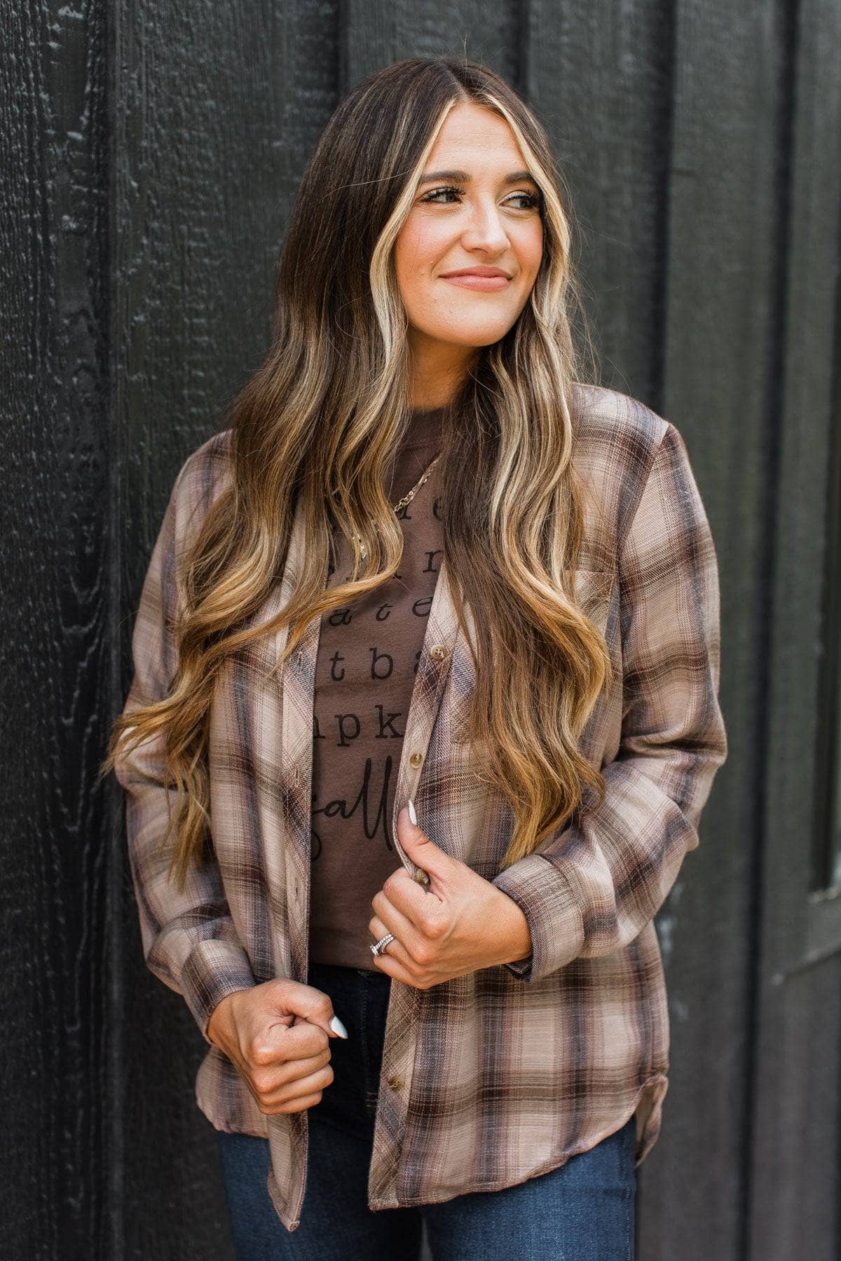 Giving You Praise Plaid Button Top- Brown - Image 2