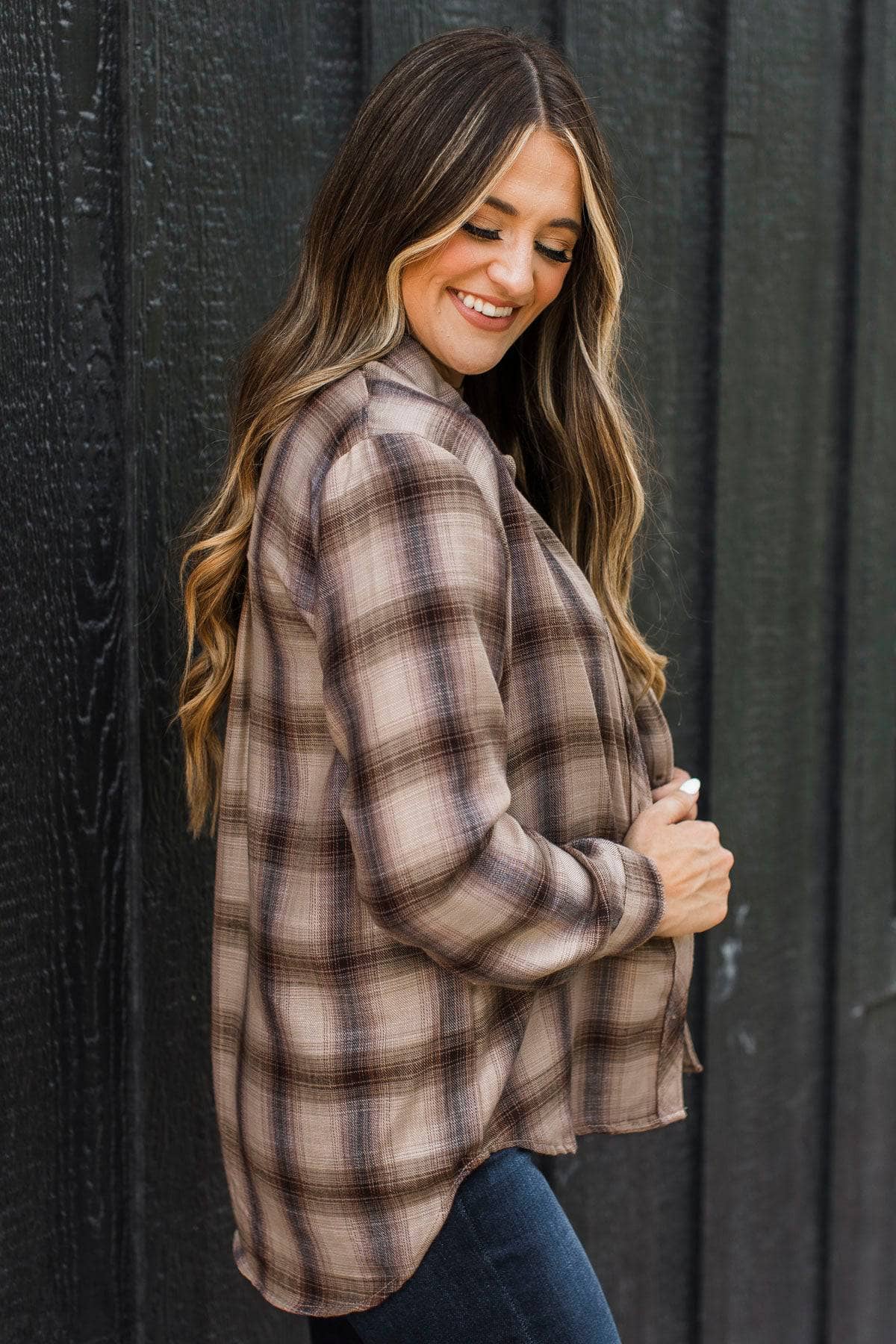 Giving You Praise Plaid Button Top- Brown - Image 5