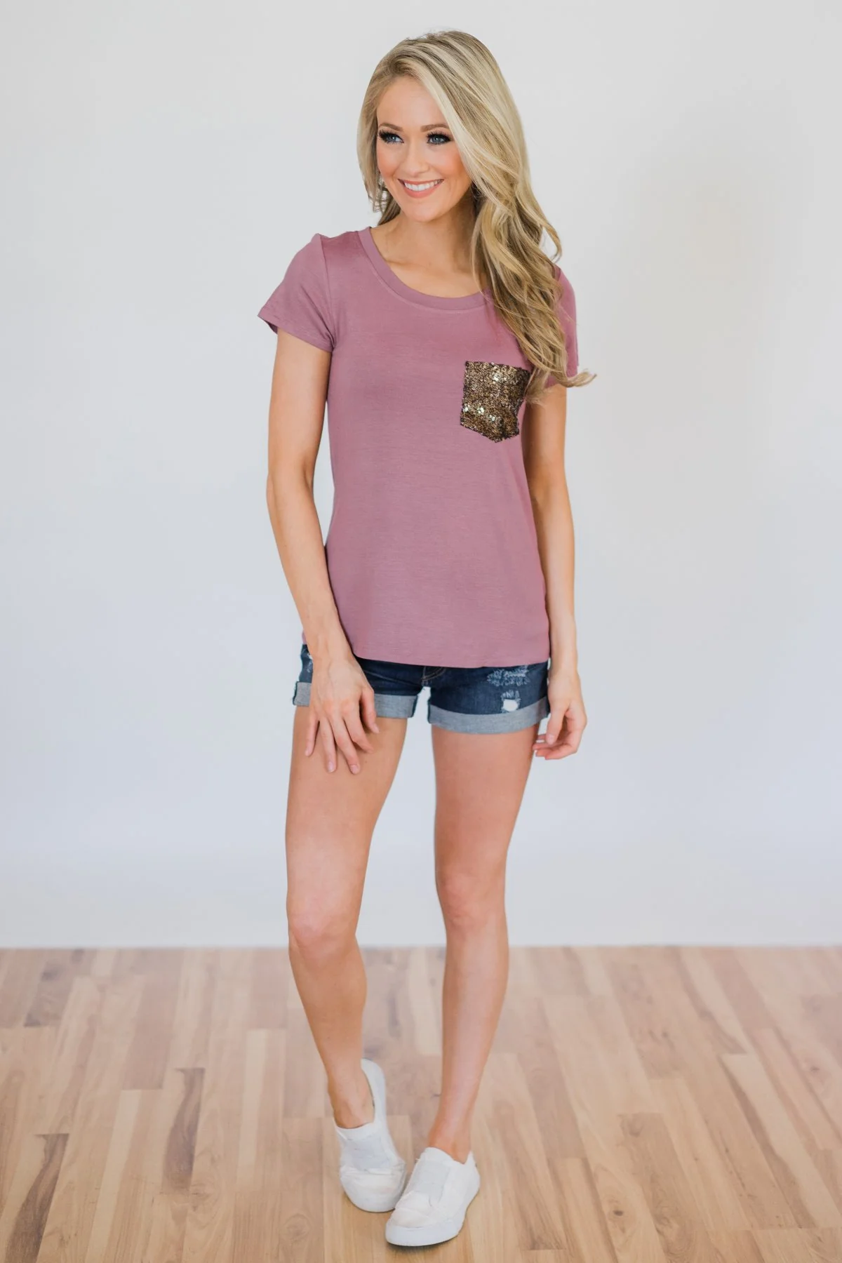 Glam Pocket Short Sleeve Top- Dusty Purple - Image 3