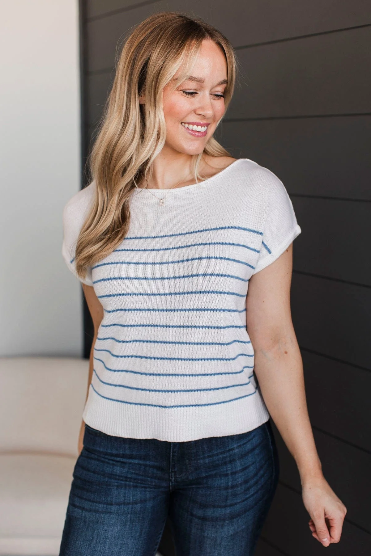 Glorious Moments Striped Knit Top- Ivory & Blue - Image 3