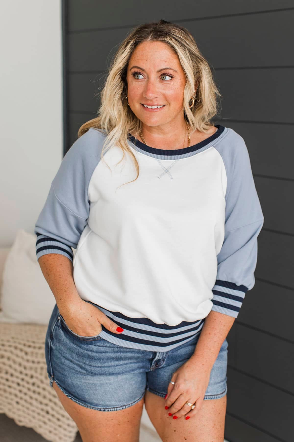 Glow As We Walk Pullover Top- Chambray - Image 4