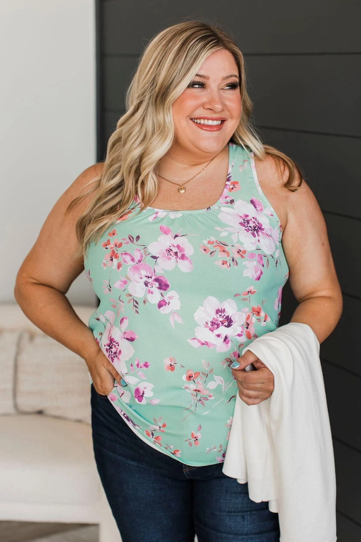 Glowing Moments Floral Tank Top- Mint & Lilac - Image 3