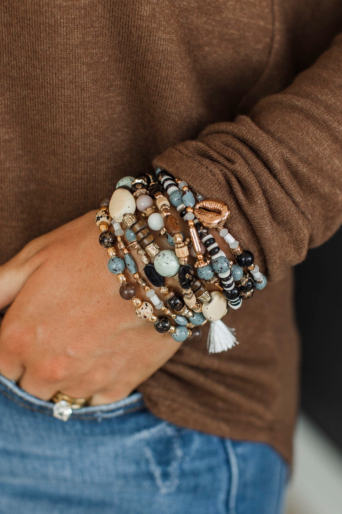 Go All In Stackable Bracelet Set- Brown & Stone