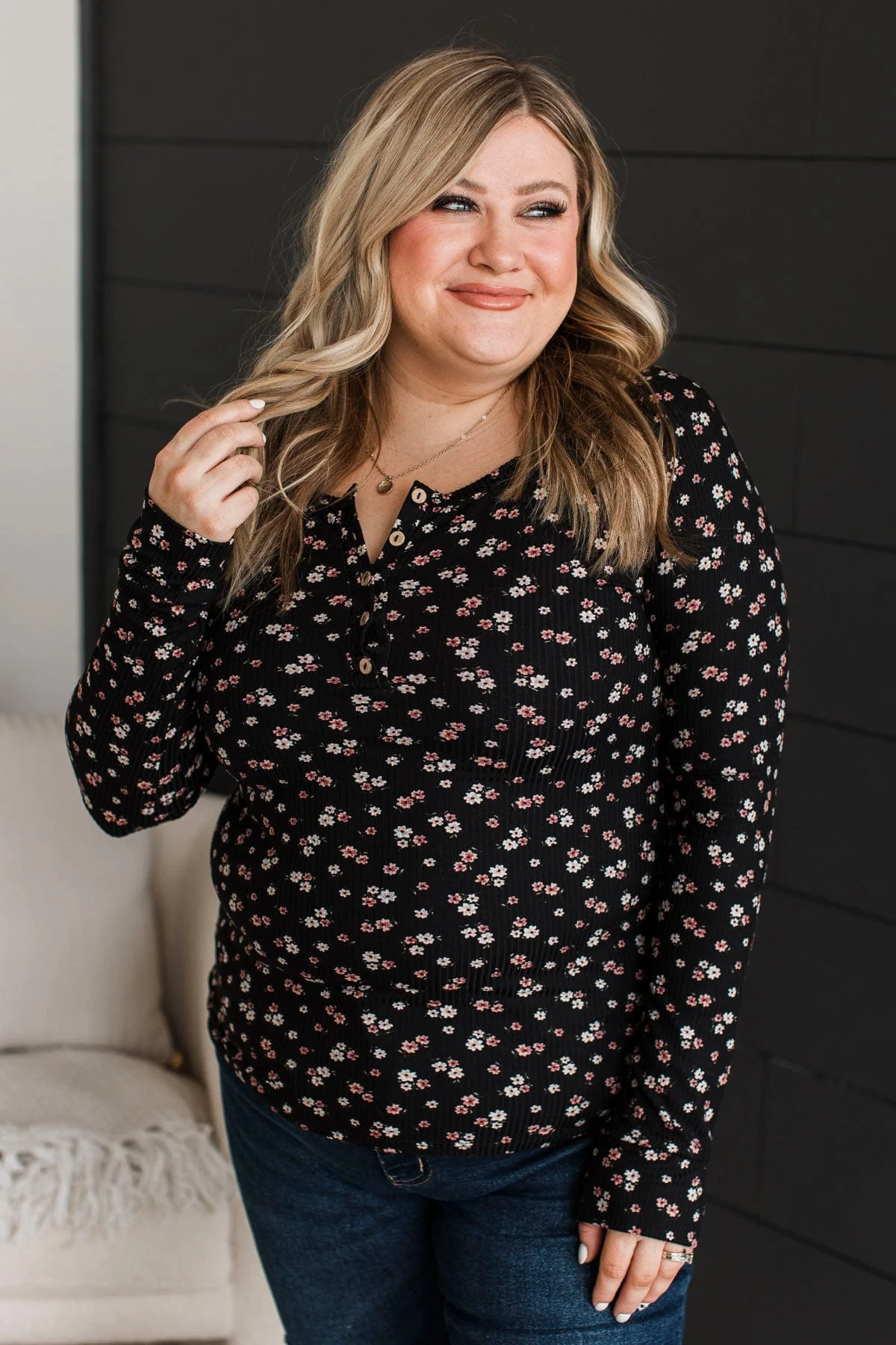 Going Along Floral Henley Top- Black & Mauve - Image 5