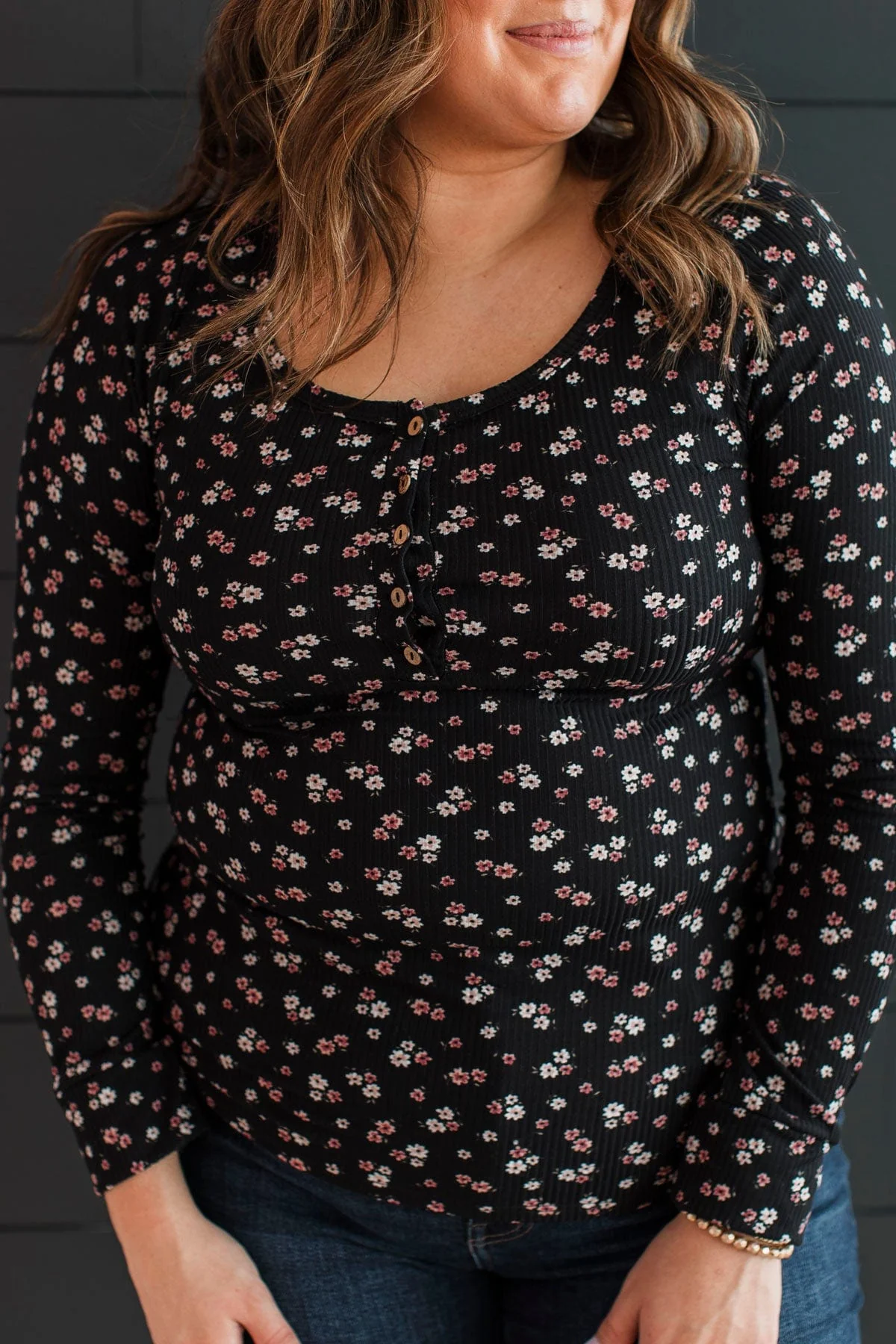 Going Along Floral Henley Top- Black & Mauve - Image 7