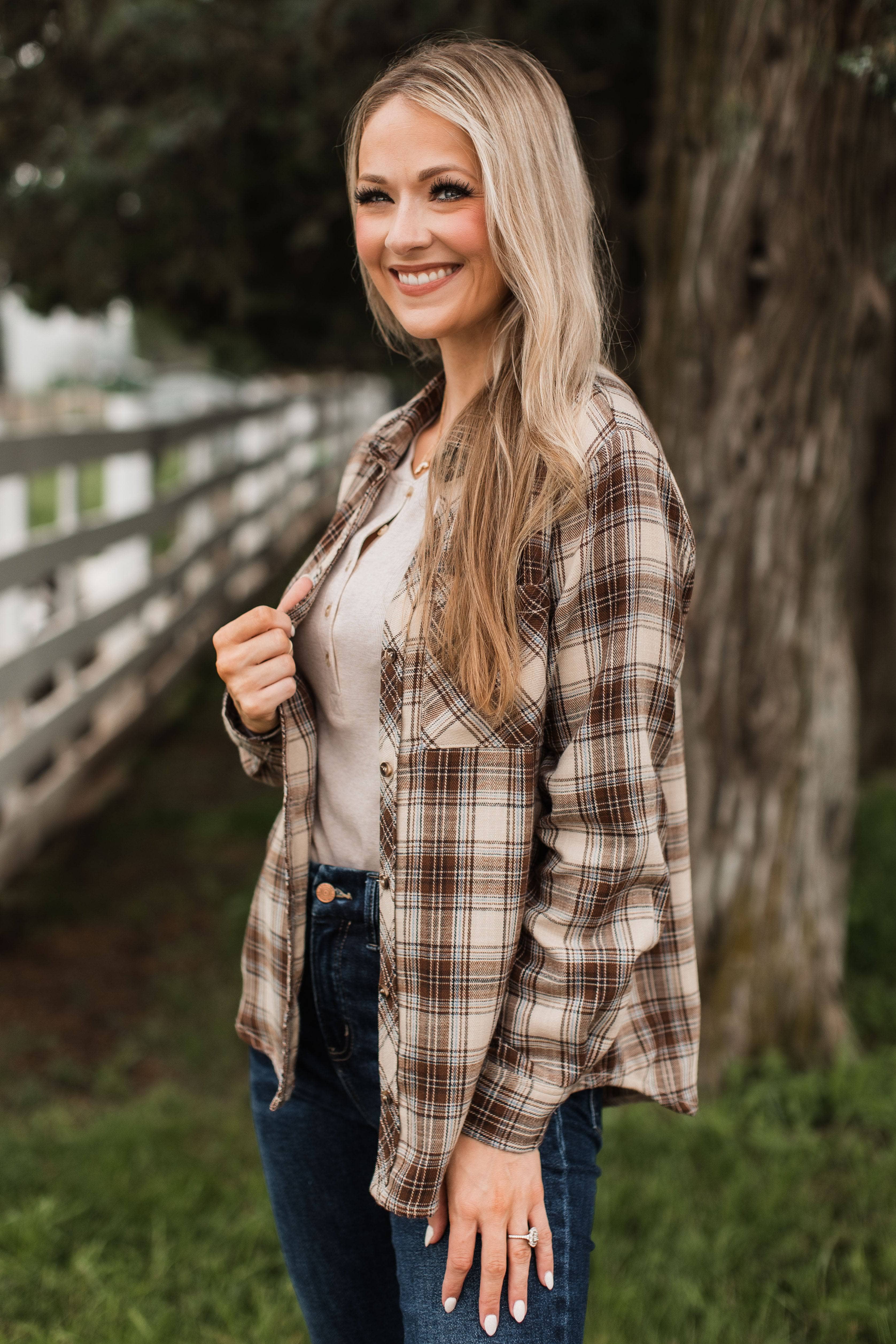 Going Everywhere Plaid Button Top- Brown - Image 5