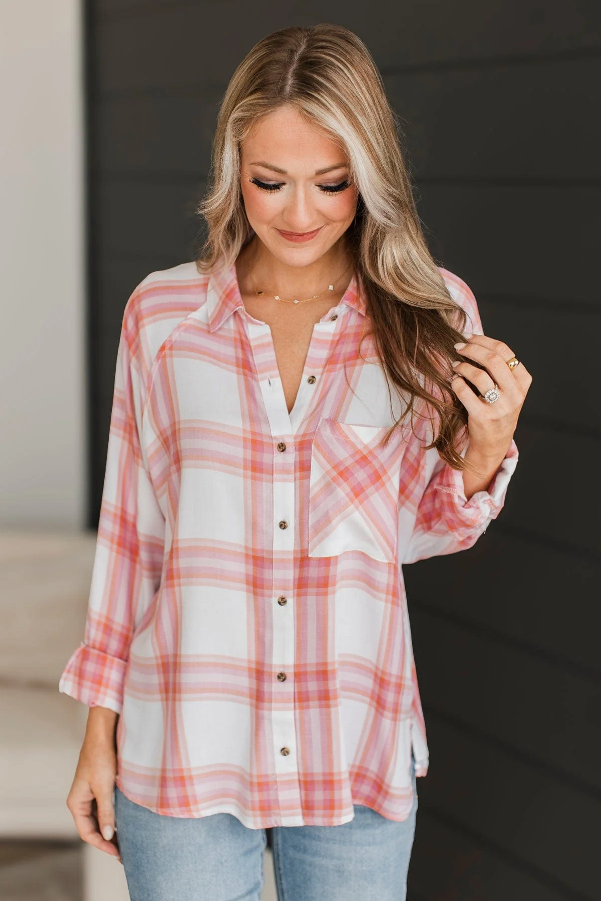 Going The Distance Plaid Top- Ivory & Pink - Image 2