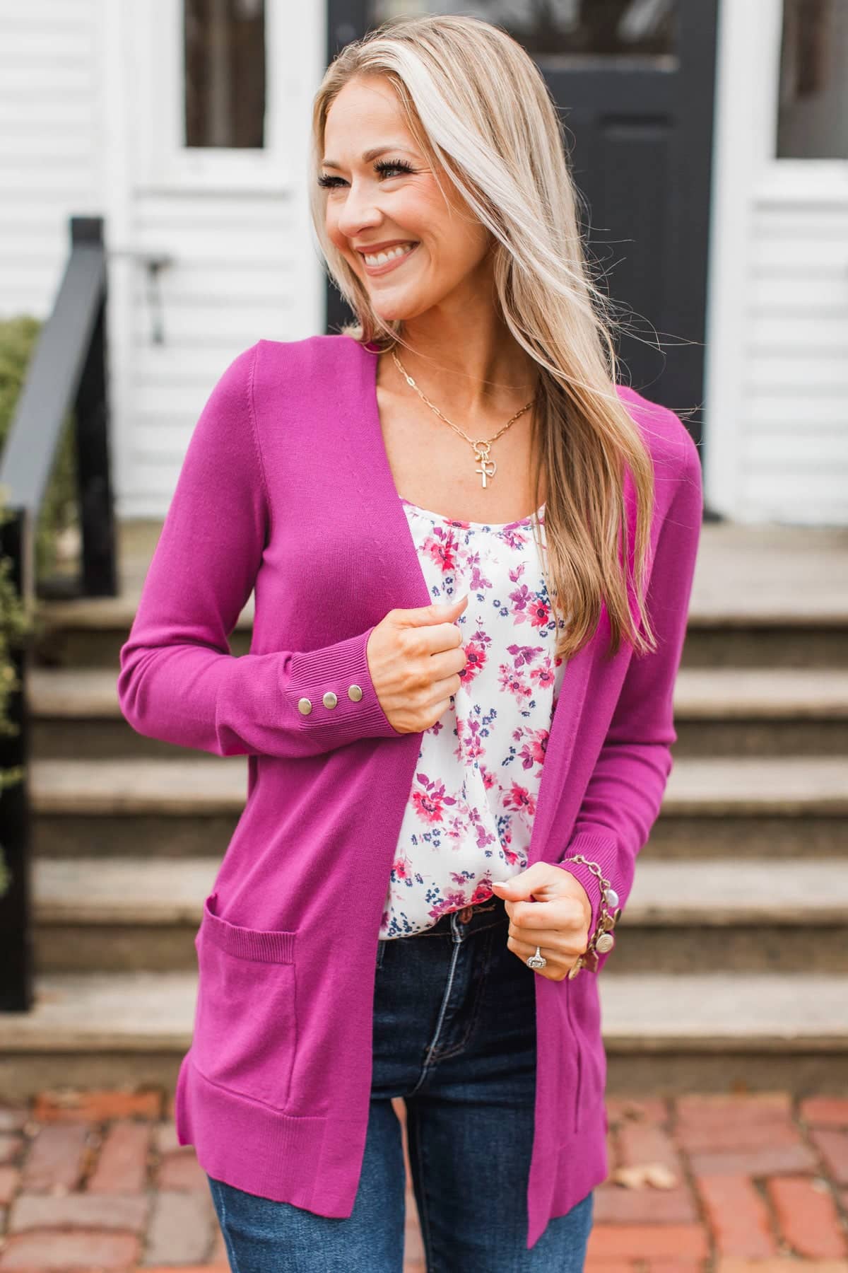 Going With You Open Front Knit Cardigan- Magenta - Image 2
