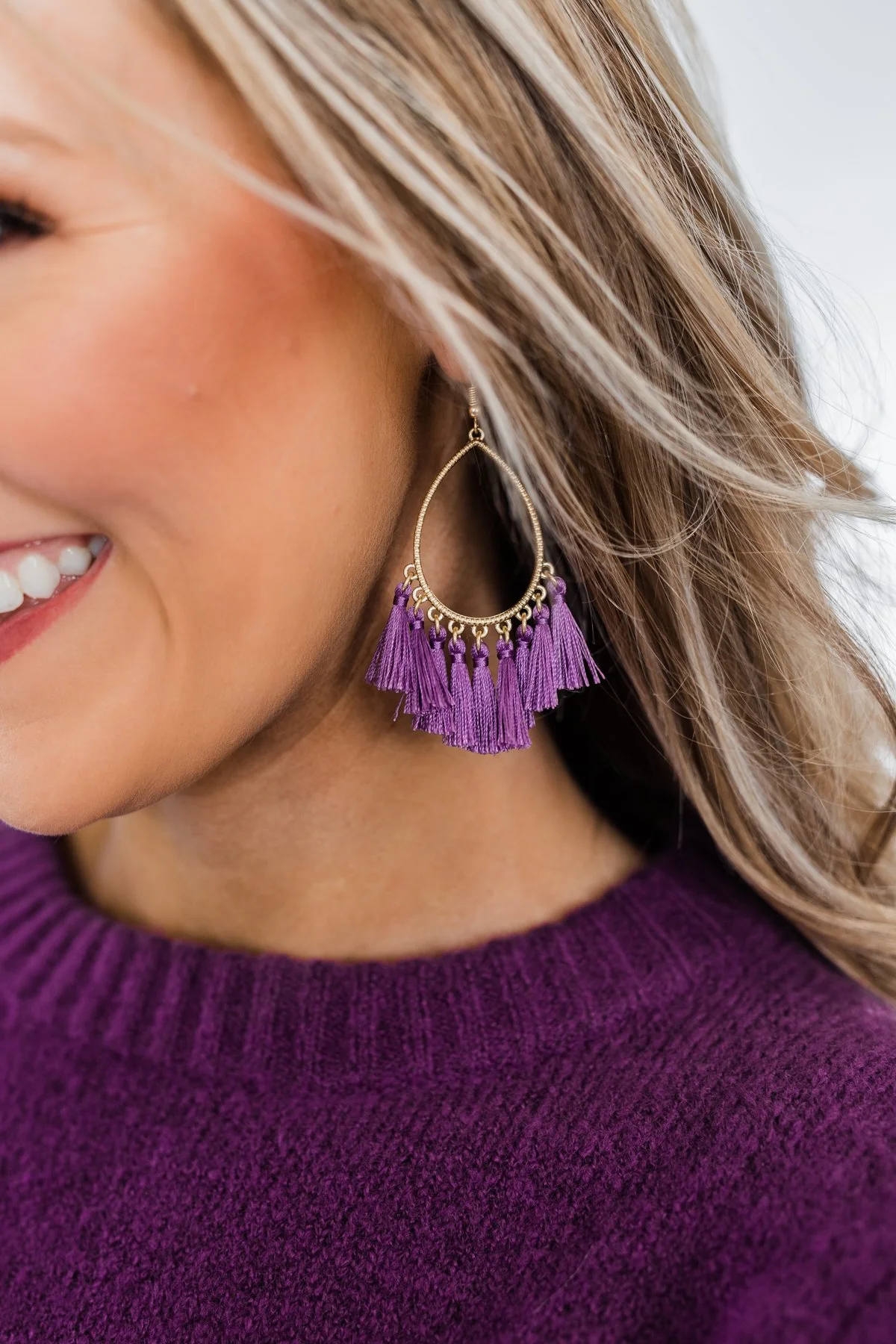 Gold Tear Drop & Tassel Earrings- Purple - Image 2