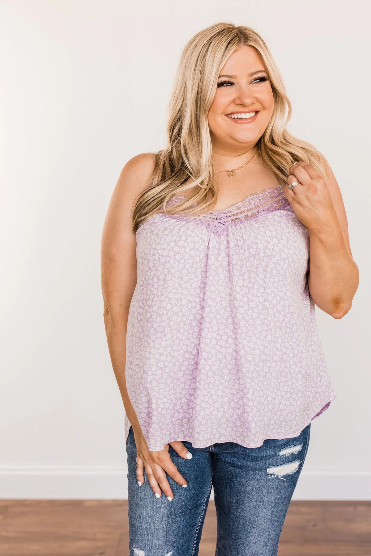 Golden Days Floral Lace Tank- Lavender - Image 3