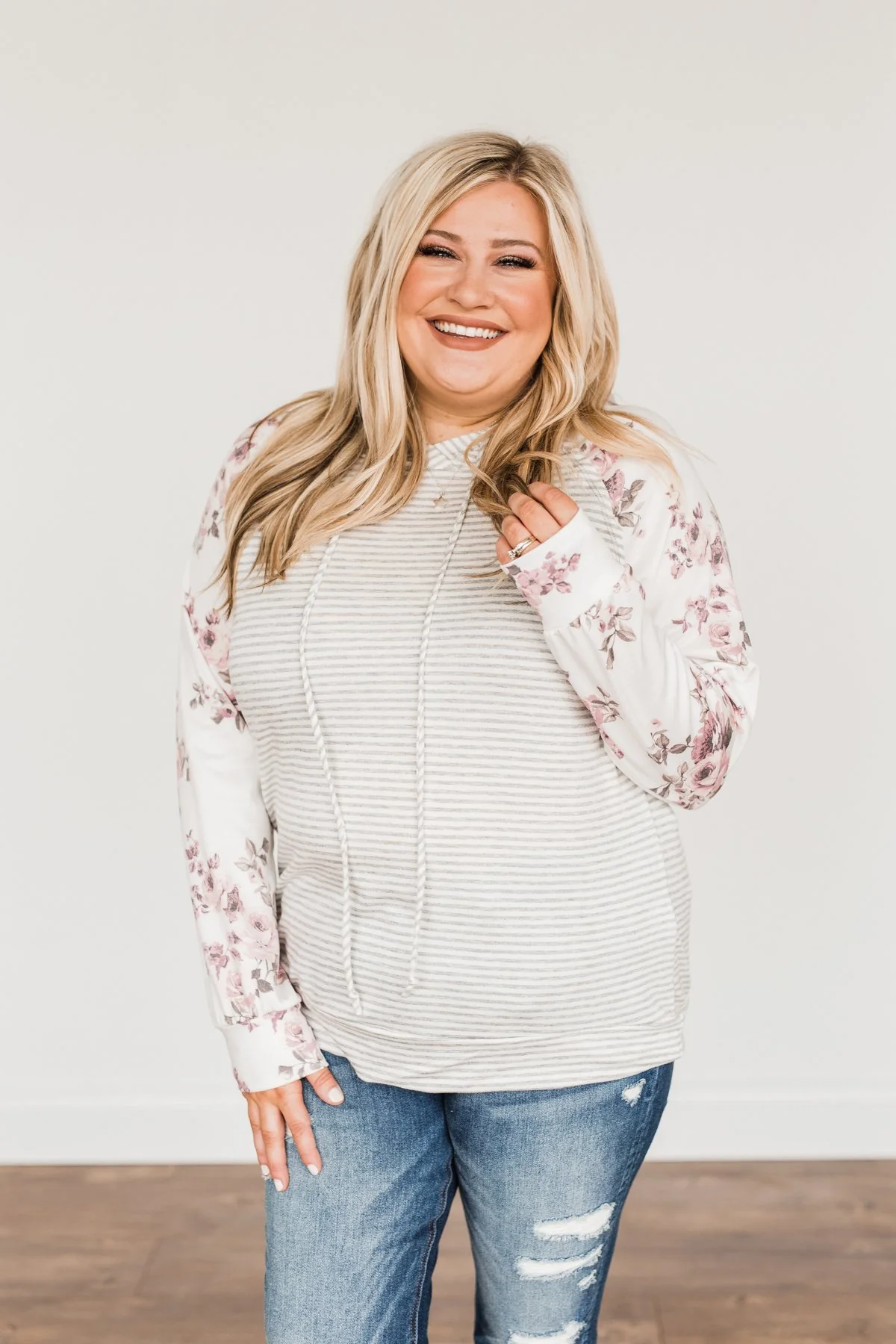 Golden Moments Drawstring Hoodie- Ivory & Grey - Image 10