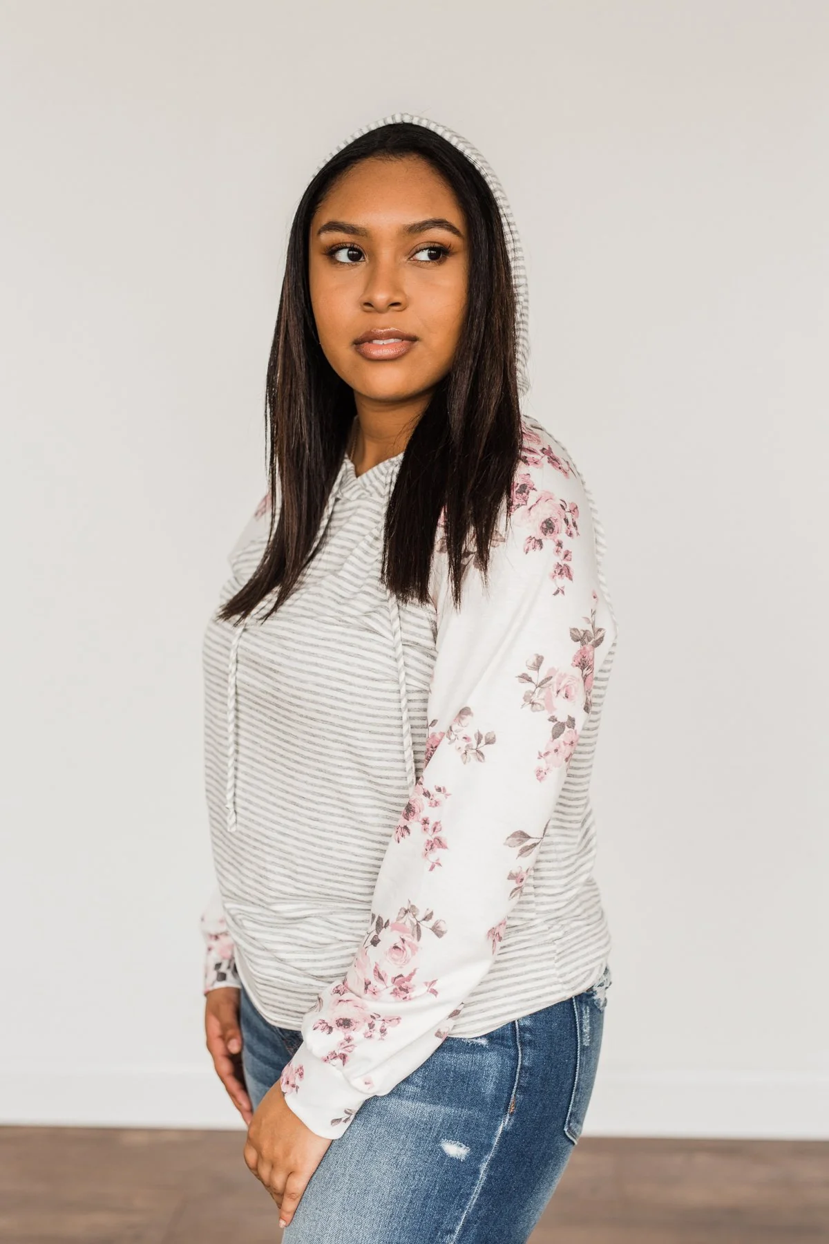 Golden Moments Drawstring Hoodie- Ivory & Grey - Image 12