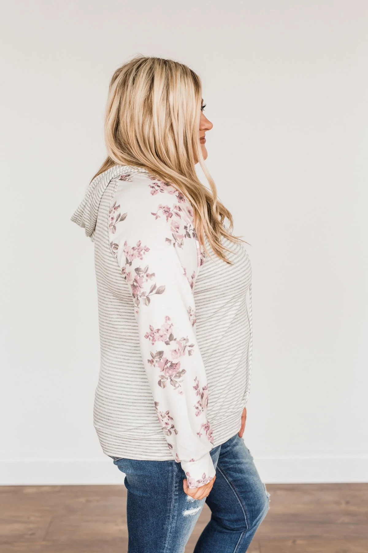 Golden Moments Drawstring Hoodie- Ivory & Grey - Image 13