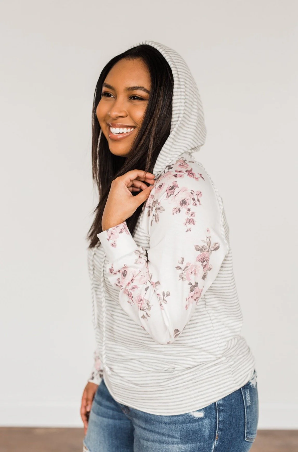 Golden Moments Drawstring Hoodie- Ivory & Grey - Image 2