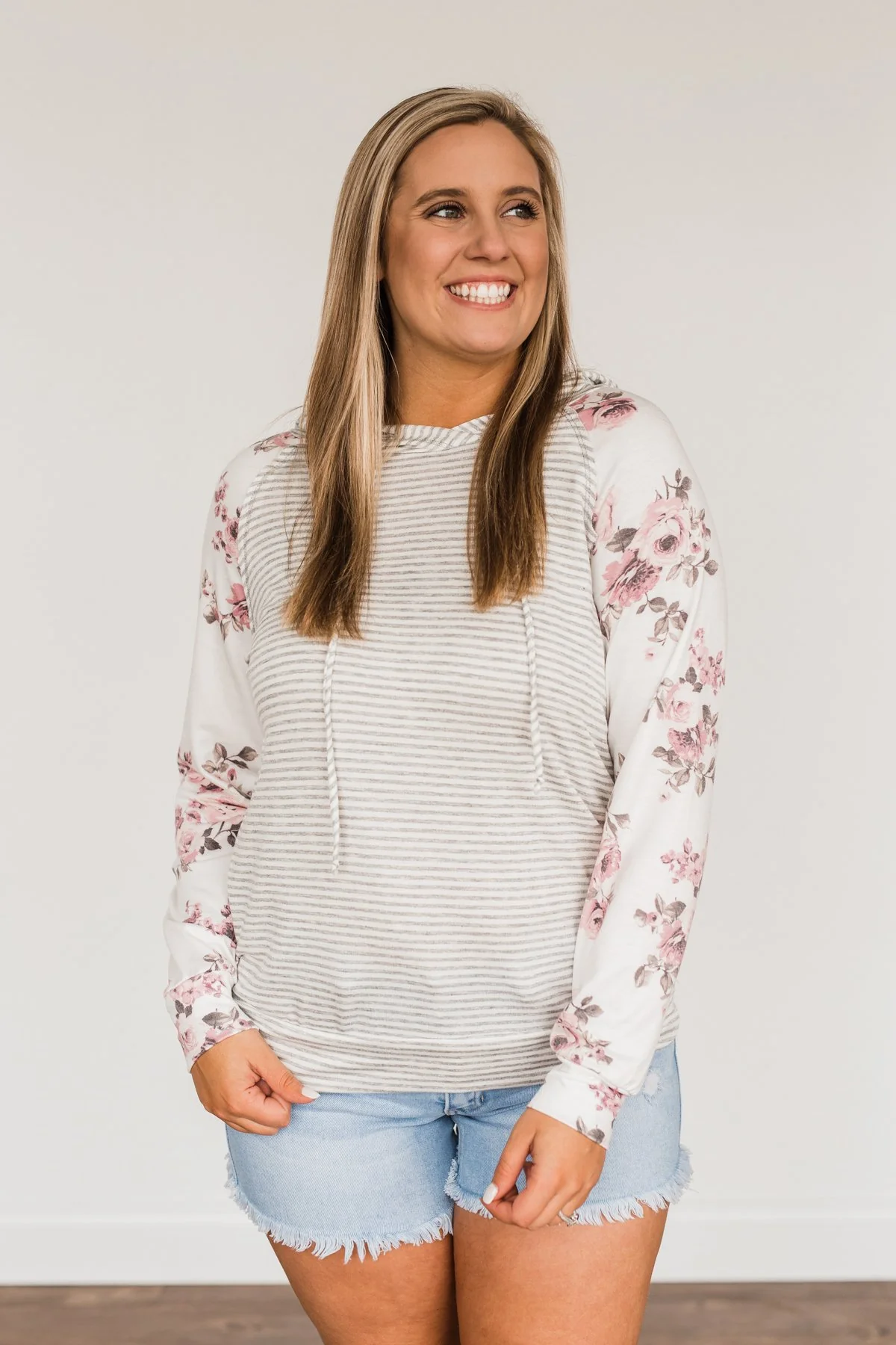 Golden Moments Drawstring Hoodie- Ivory & Grey - Image 4