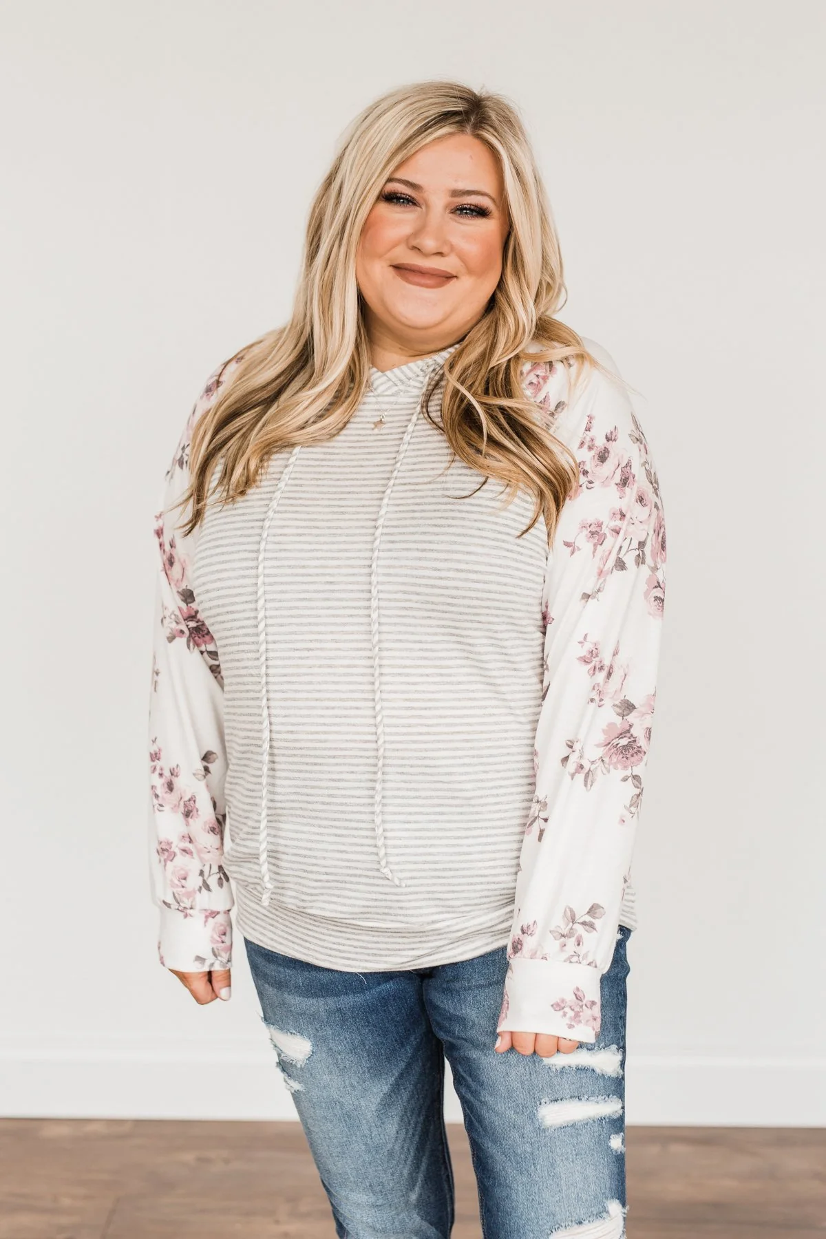 Golden Moments Drawstring Hoodie- Ivory & Grey - Image 5
