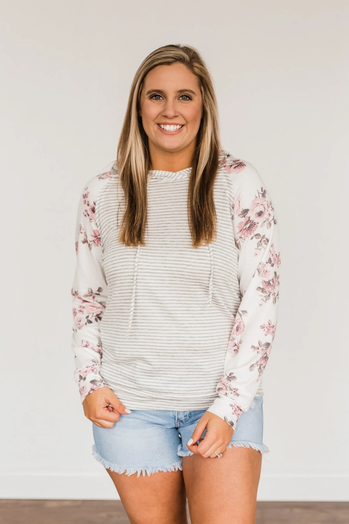 Golden Moments Drawstring Hoodie- Ivory & Grey - Image 9