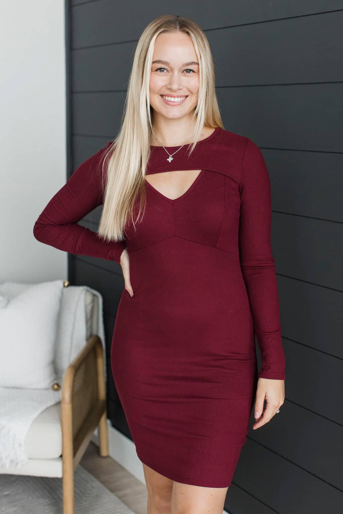 Good Composure Long Sleeve Ribbed Dress- Burgundy