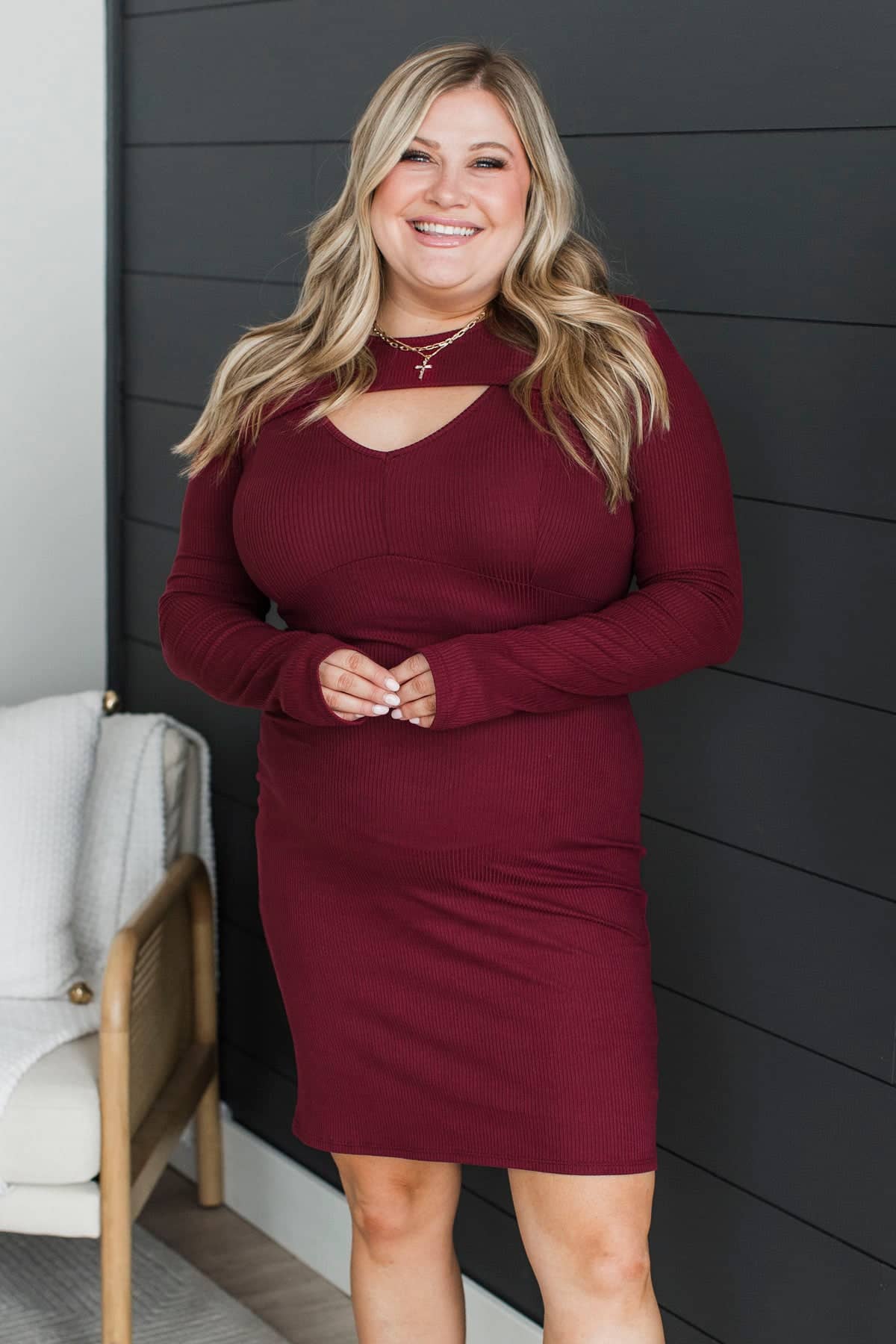 Good Composure Long Sleeve Ribbed Dress- Burgundy - Image 2