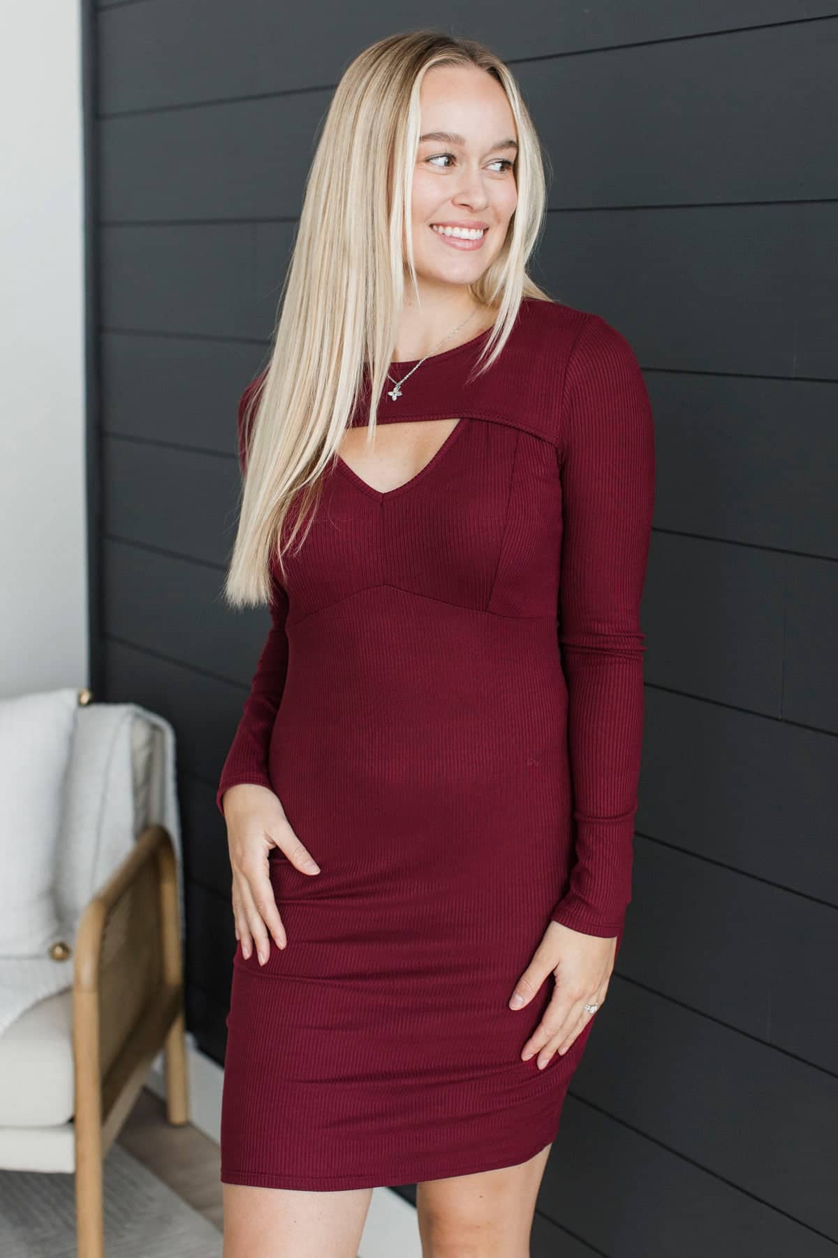 Good Composure Long Sleeve Ribbed Dress- Burgundy - Image 3