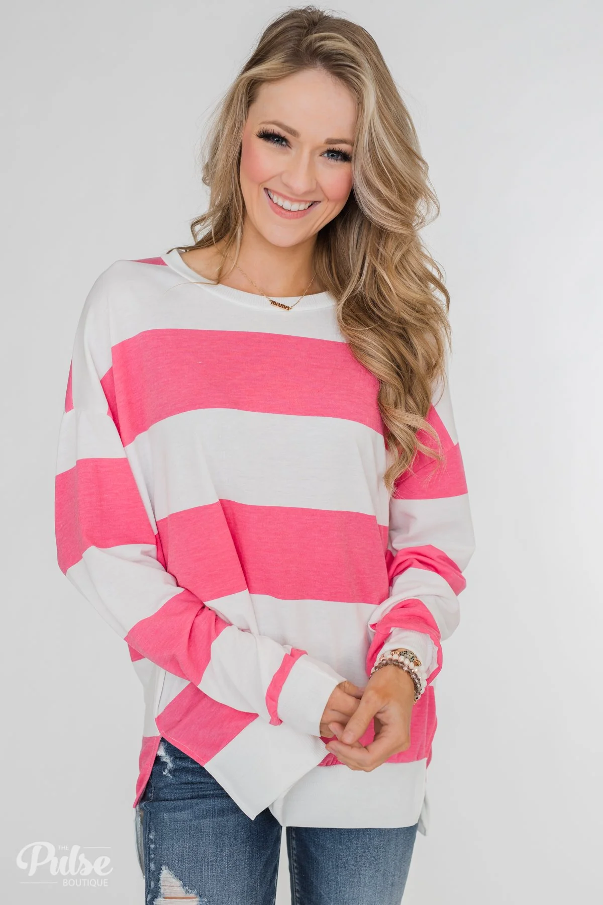 Good Day for Sunshine Striped Pullover- Pink & Off White - Image 3