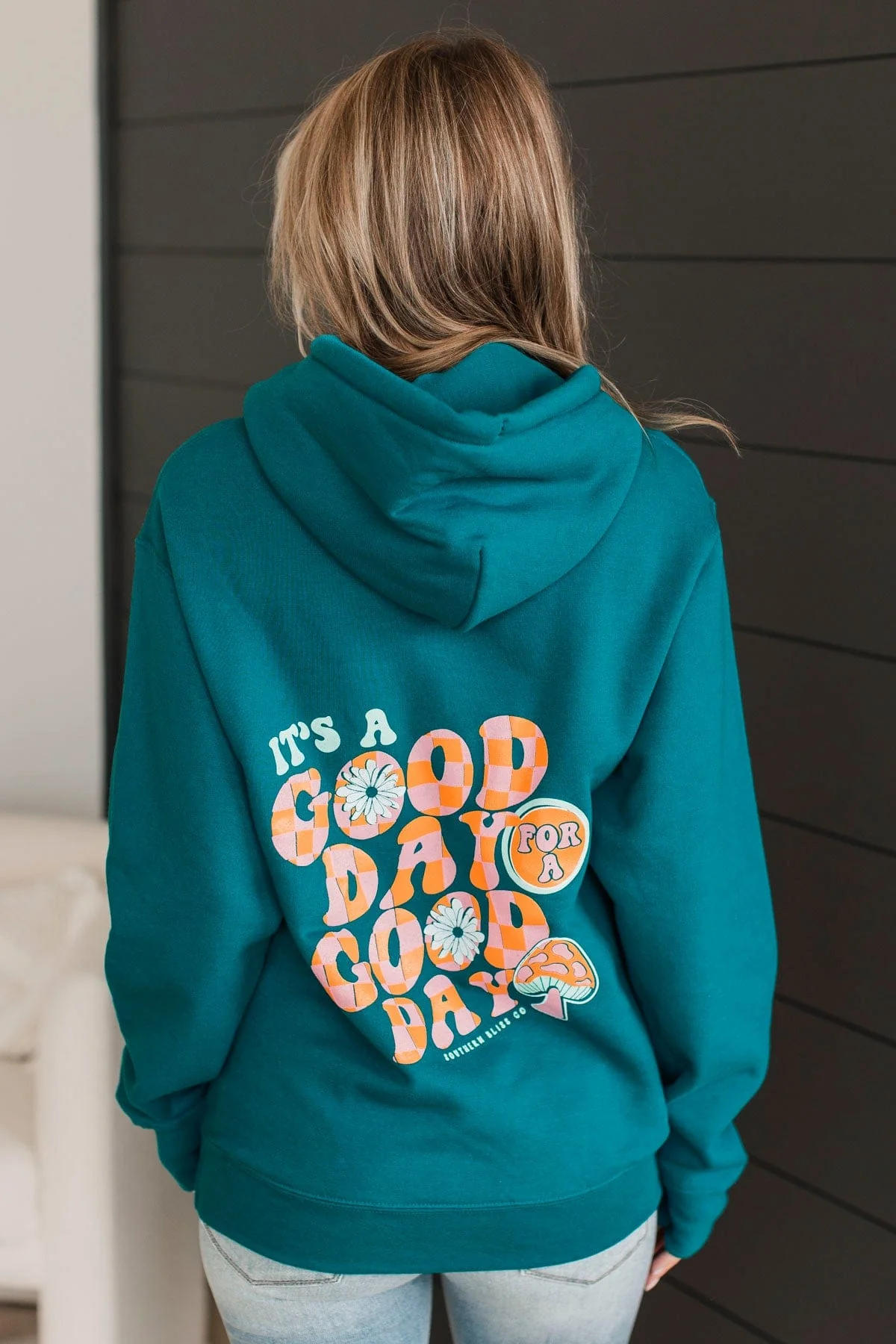 "Good Day" Graphic Hoodie- Teal - Image 2