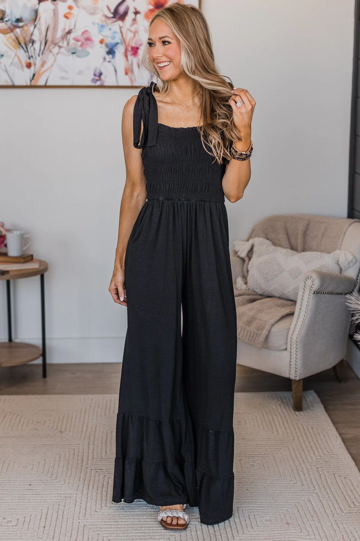 Good For Me Smocked Jumpsuit- Black