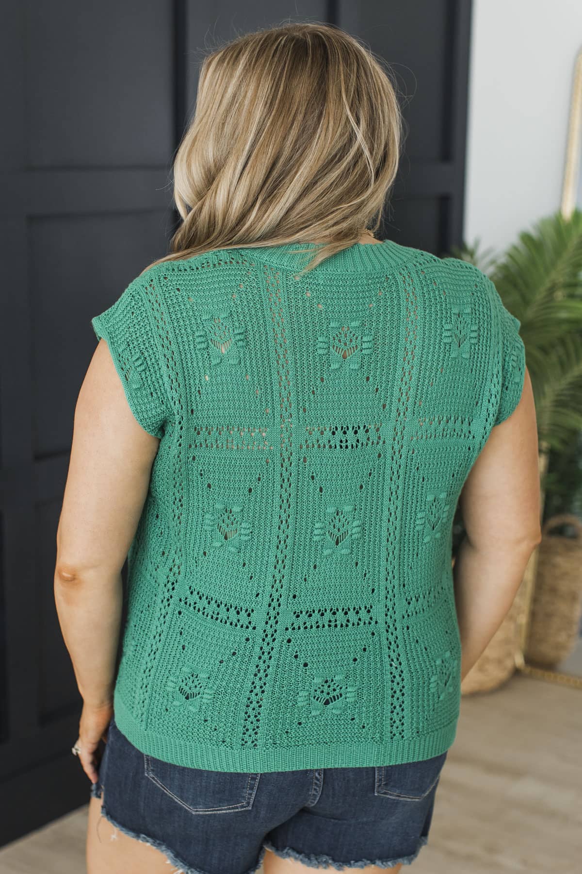 Good Idea Cap Sleeve Crochet Knit Top- Jade Green - Image 9
