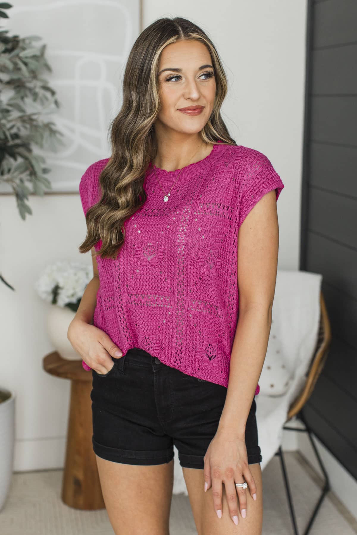 Good Idea Cap Sleeve Crochet Knit Top- Magenta - Image 4