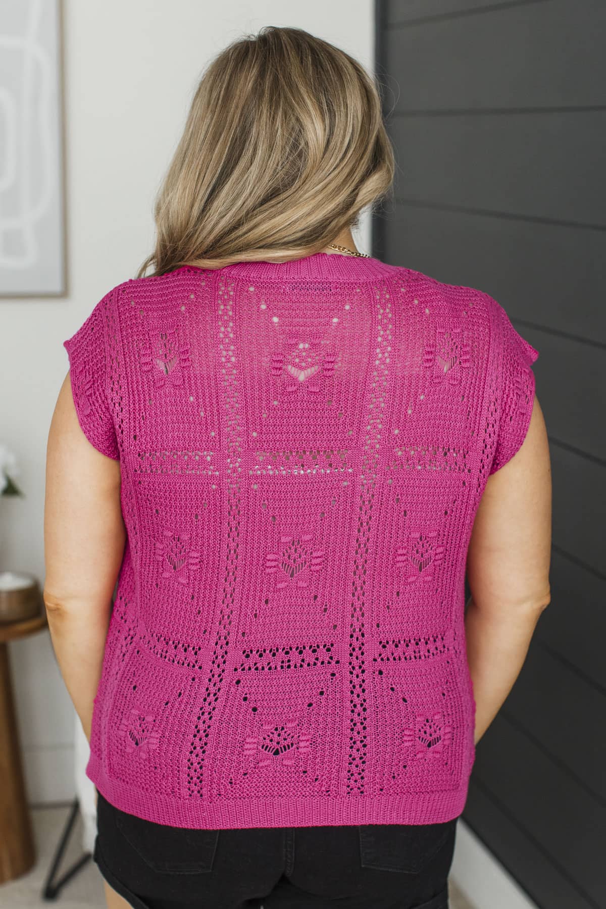 Good Idea Cap Sleeve Crochet Knit Top- Magenta - Image 7