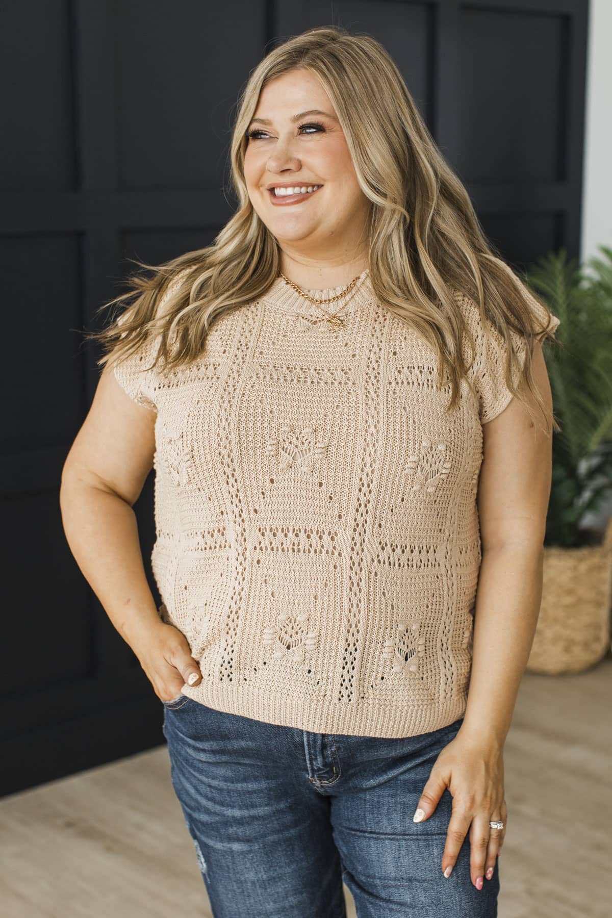 Good Idea Cap Sleeve Crochet Knit Top- Natural - Image 2