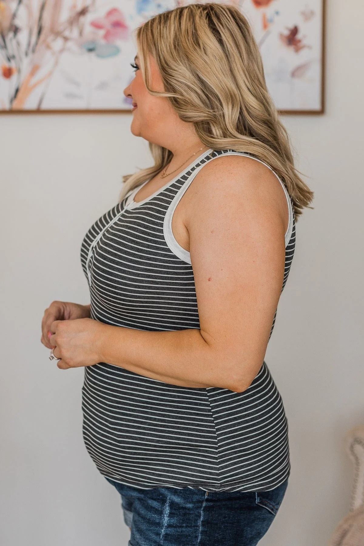 Good Impressions Button Tank Top- Charcoal & Ivory - Image 5