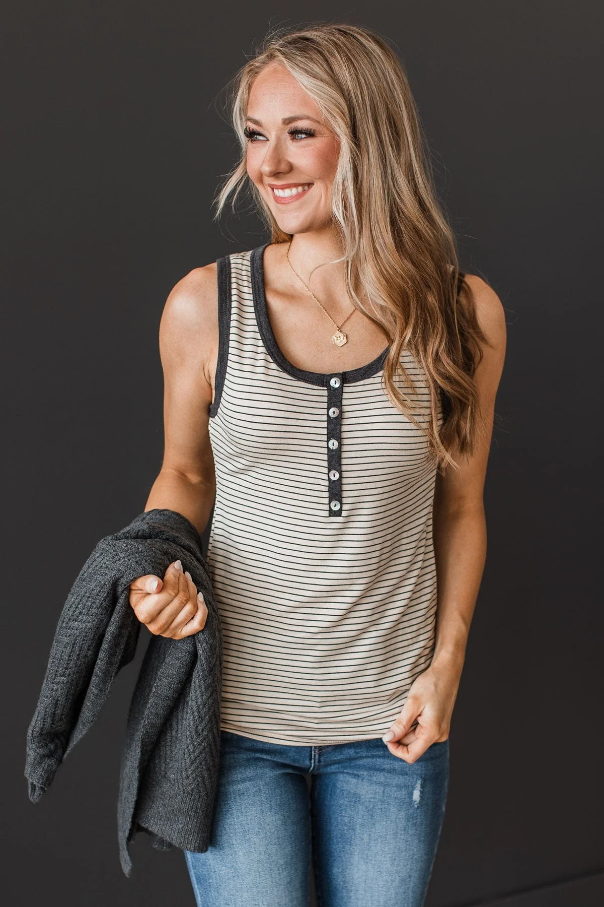 Good Impressions Button Tank Top- Oatmeal & Charcoal - Image 2