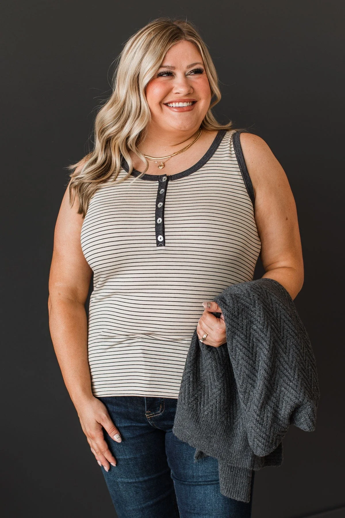 Good Impressions Button Tank Top- Oatmeal & Charcoal - Image 3