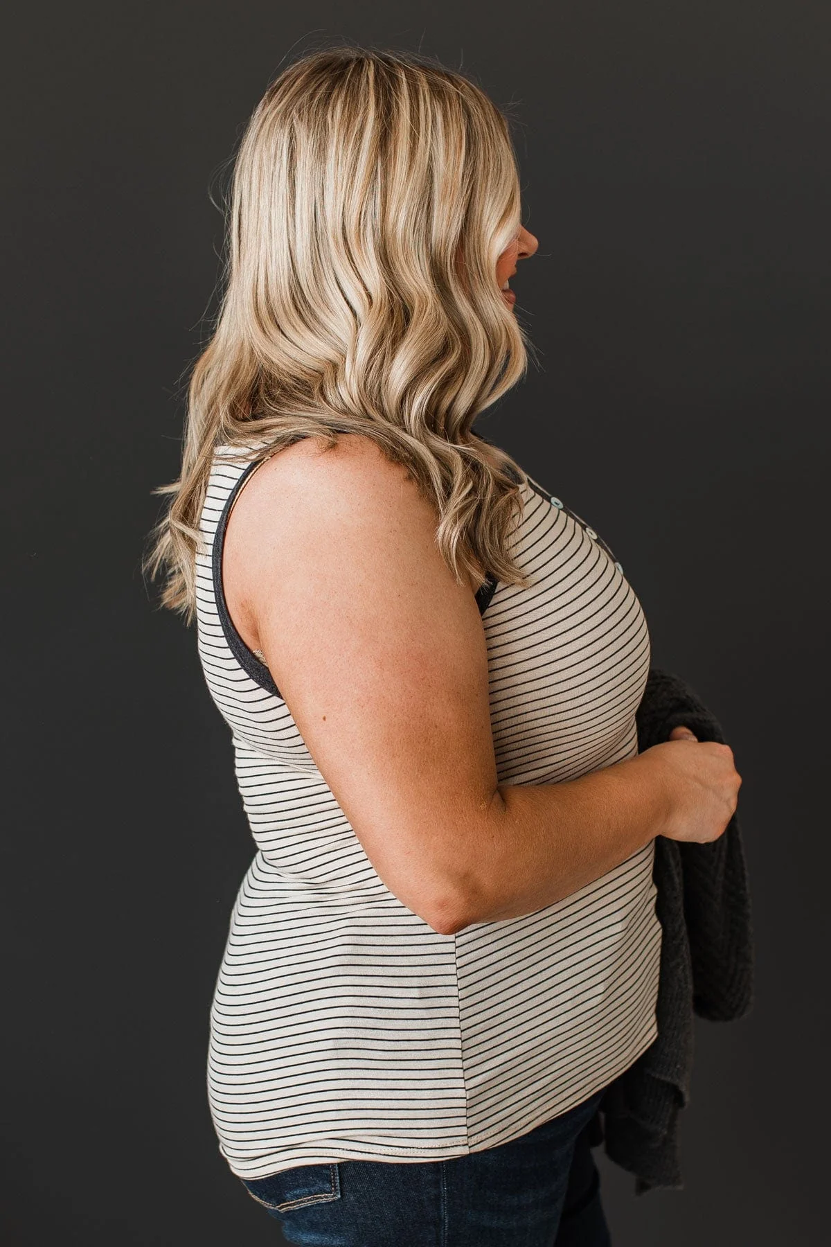 Good Impressions Button Tank Top- Oatmeal & Charcoal - Image 6