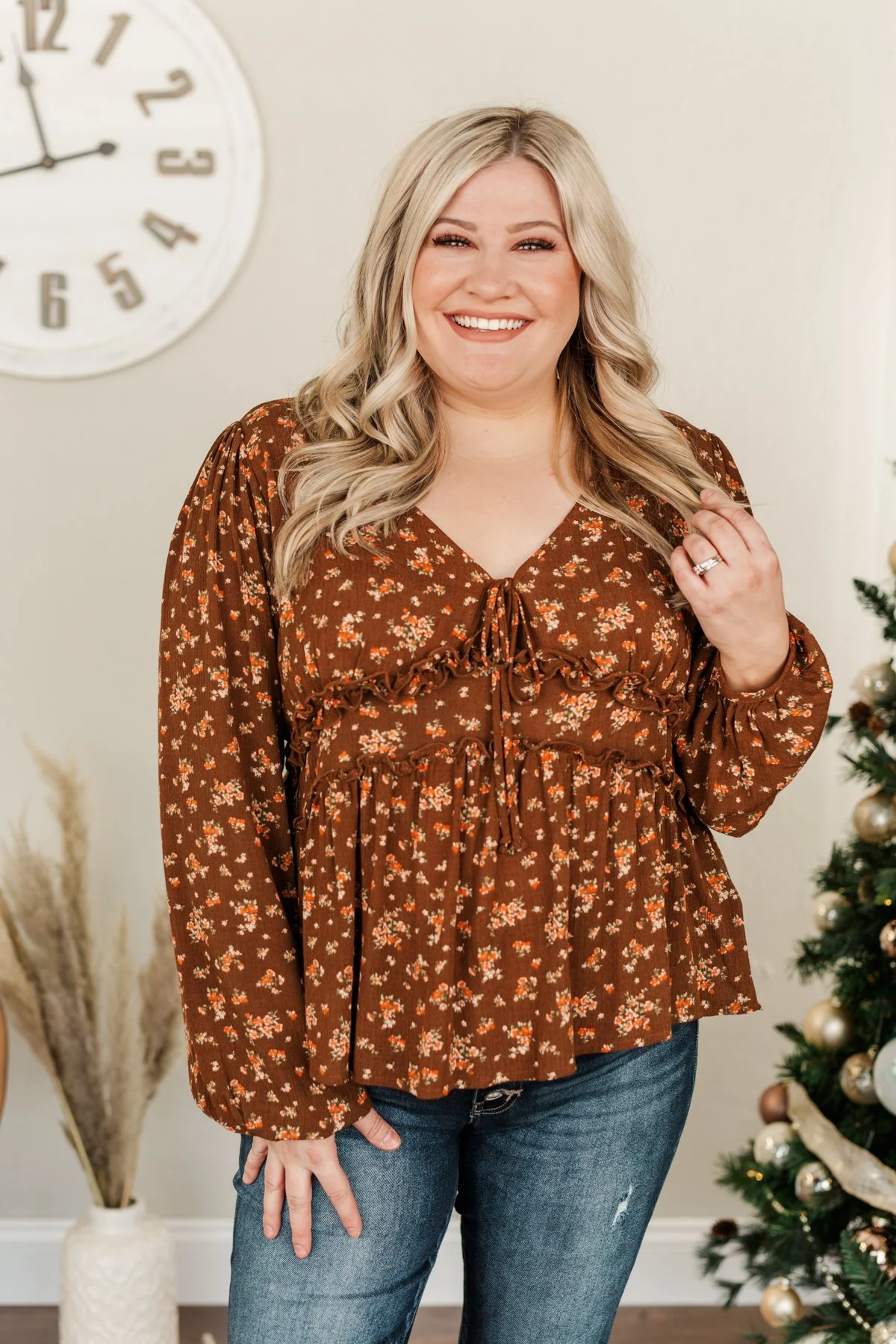 Good Intentions Floral Babydoll Blouse- Brown - Image 4