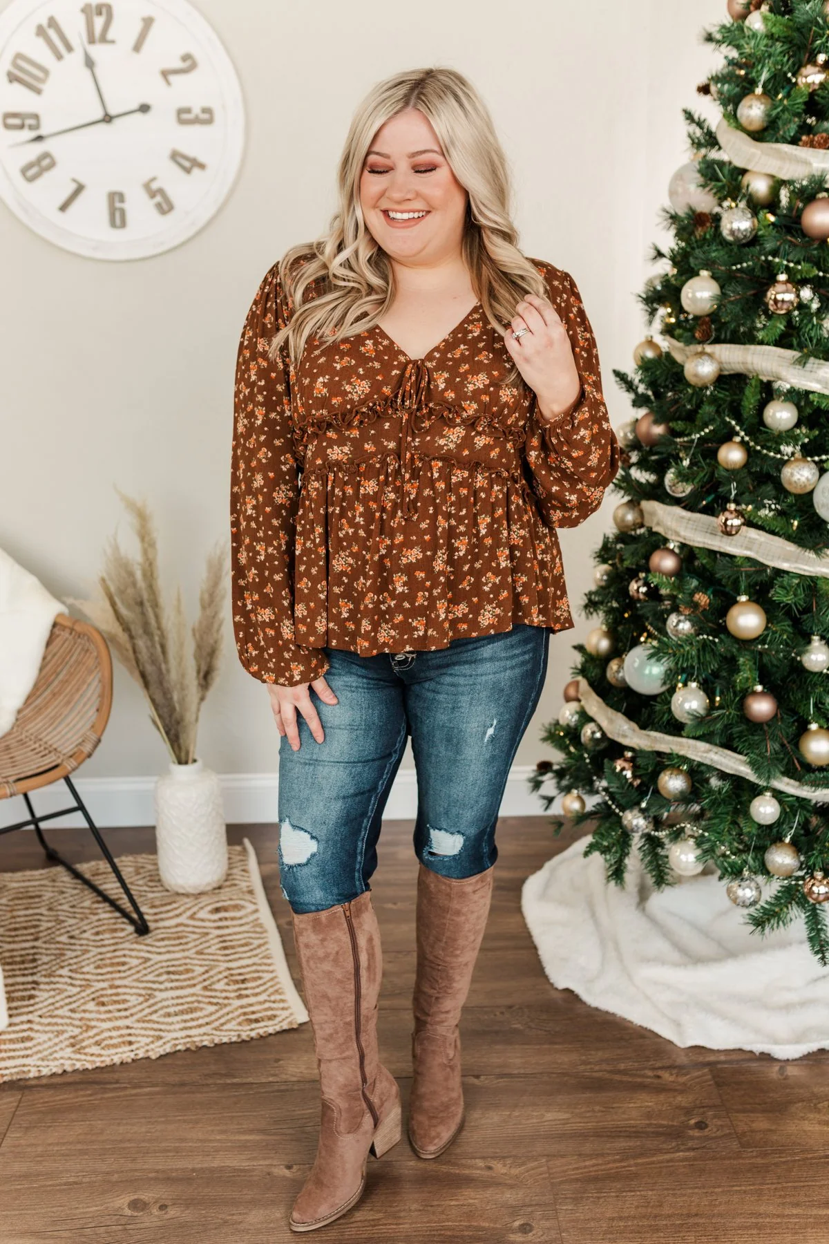 Good Intentions Floral Babydoll Blouse- Brown - Image 5
