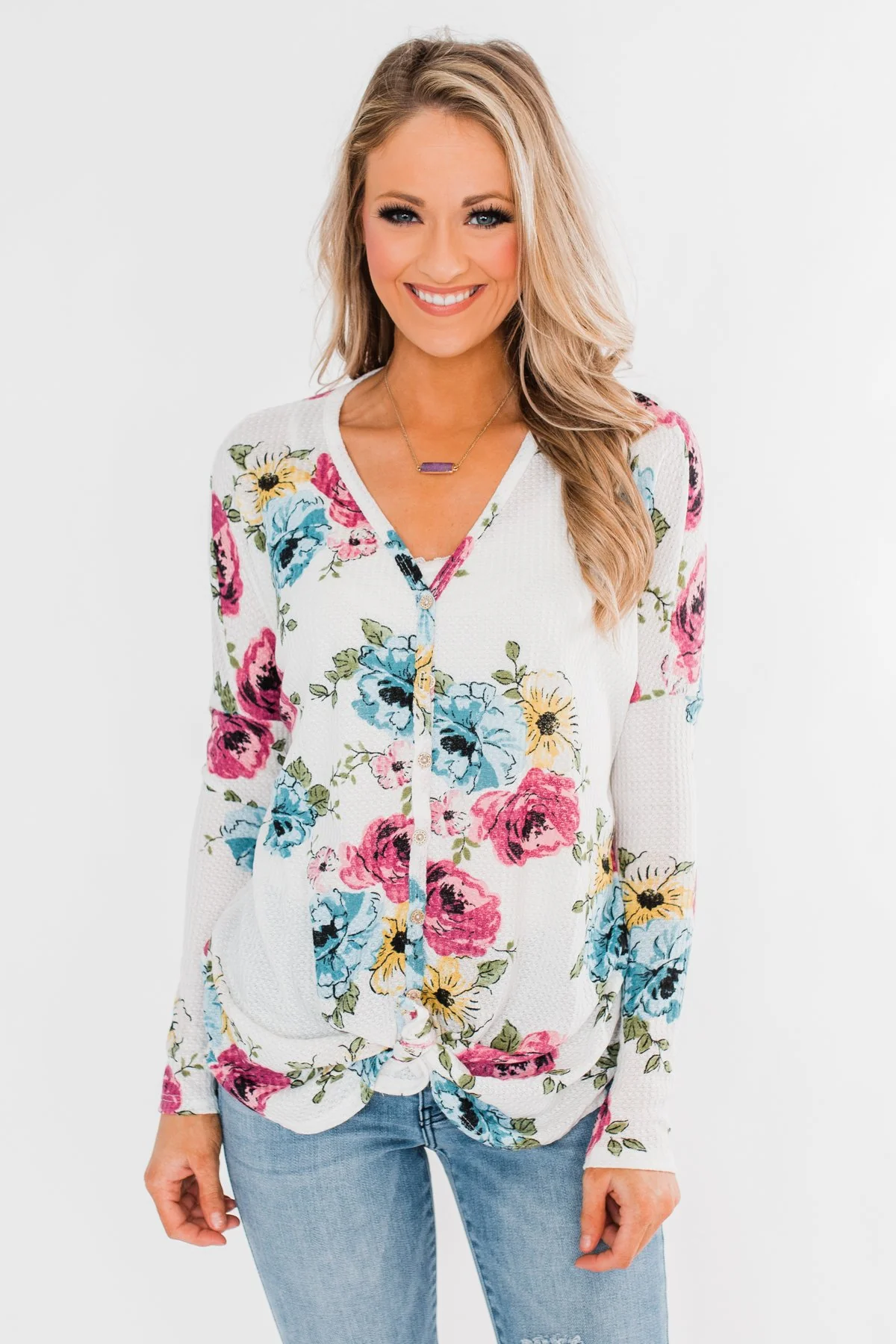 Good Life Floral Thermal Top- White - Image 3