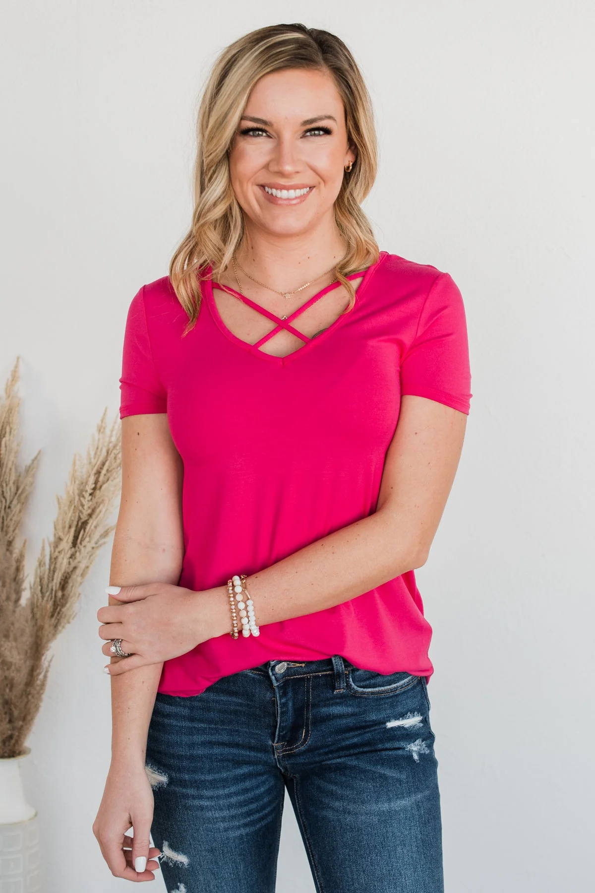 Good Moods Criss-Cross Top- Hot Pink - Image 6