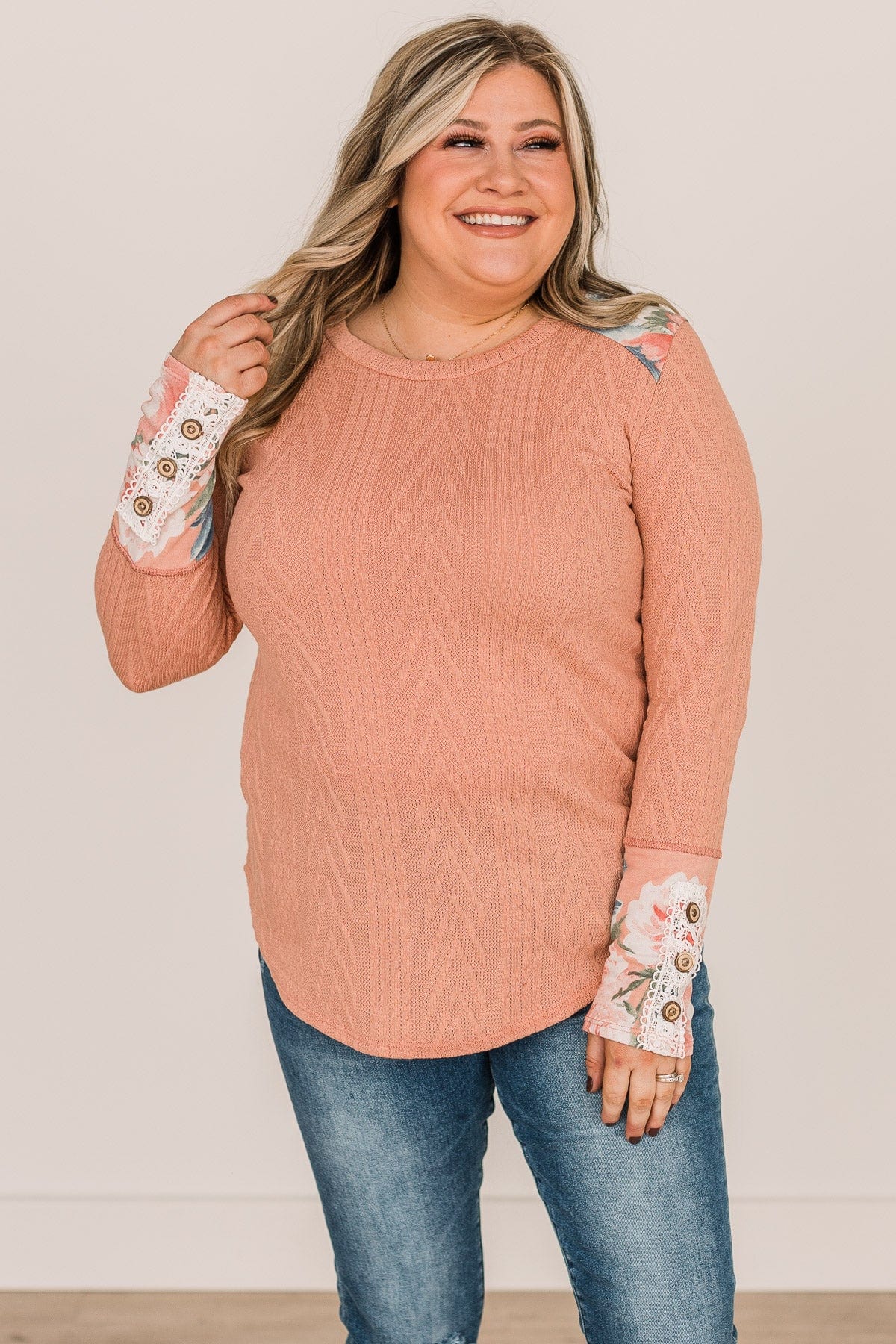 Good News Cable Knit Color Block Top- Peach - Image 6