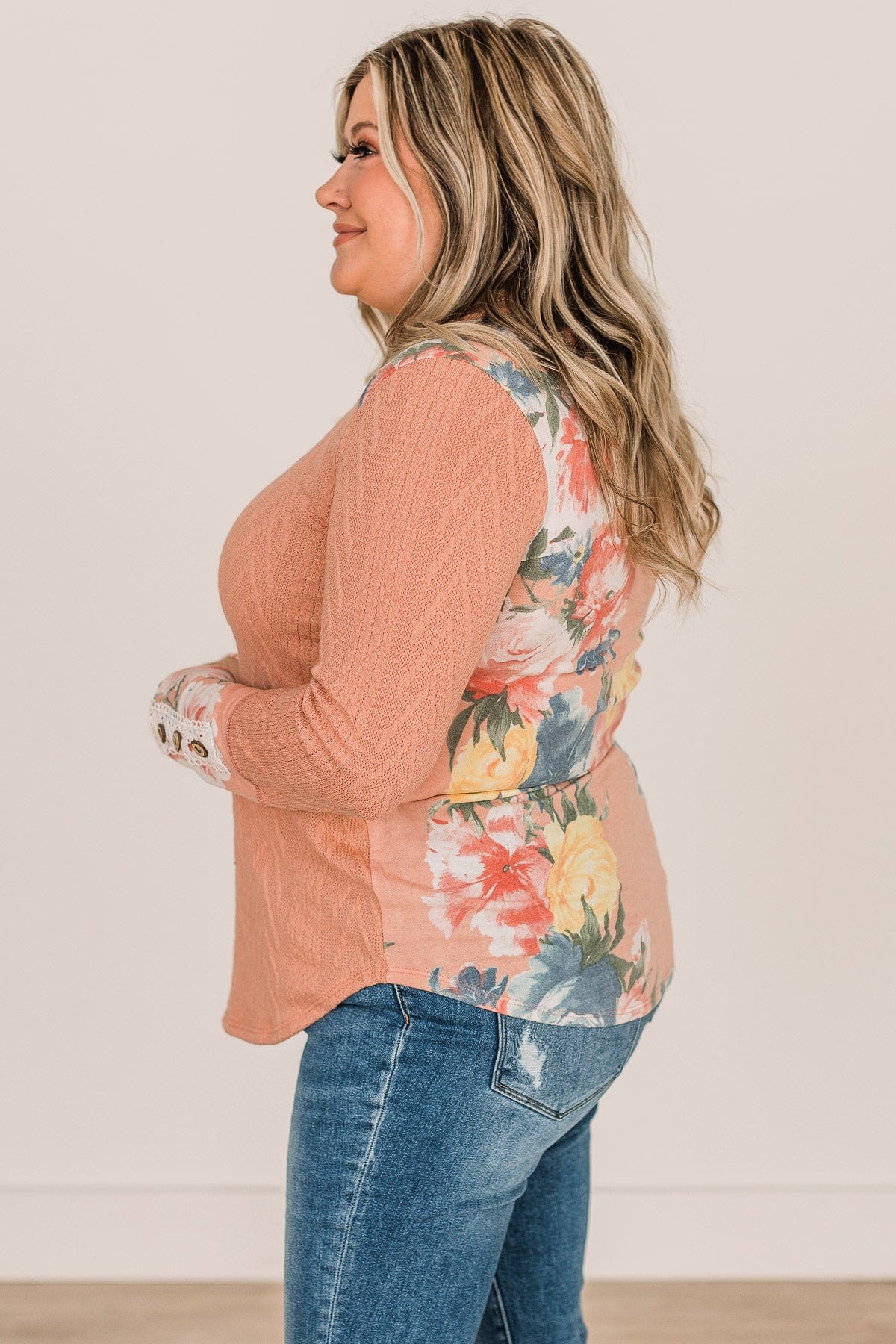 Good News Cable Knit Color Block Top- Peach - Image 8