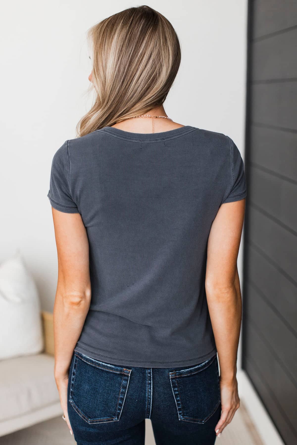Good Opportunities Short Sleeve Ribbed Top- Charcoal Blue - Image 9