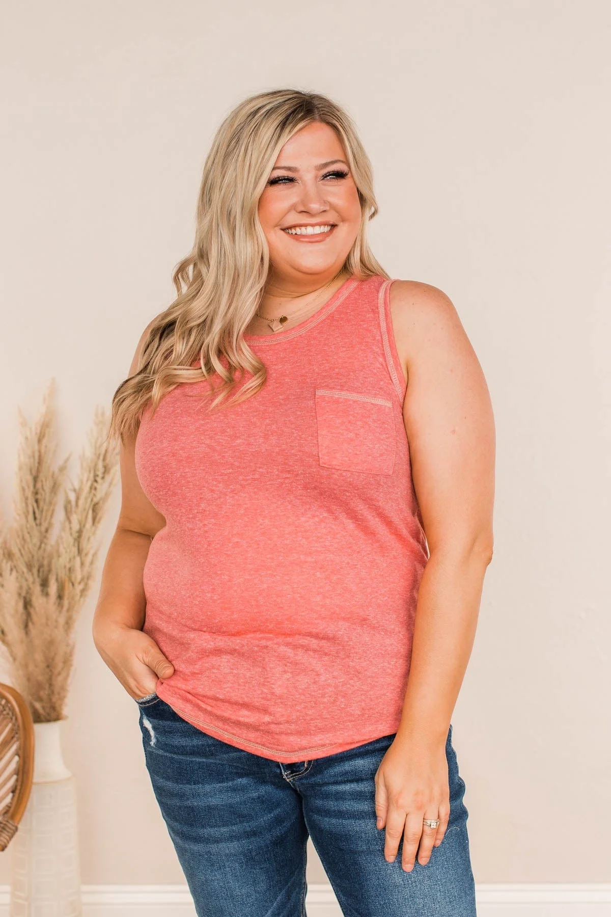 Good Things Take Time Pocket Tank Top- Hot Coral - Image 2