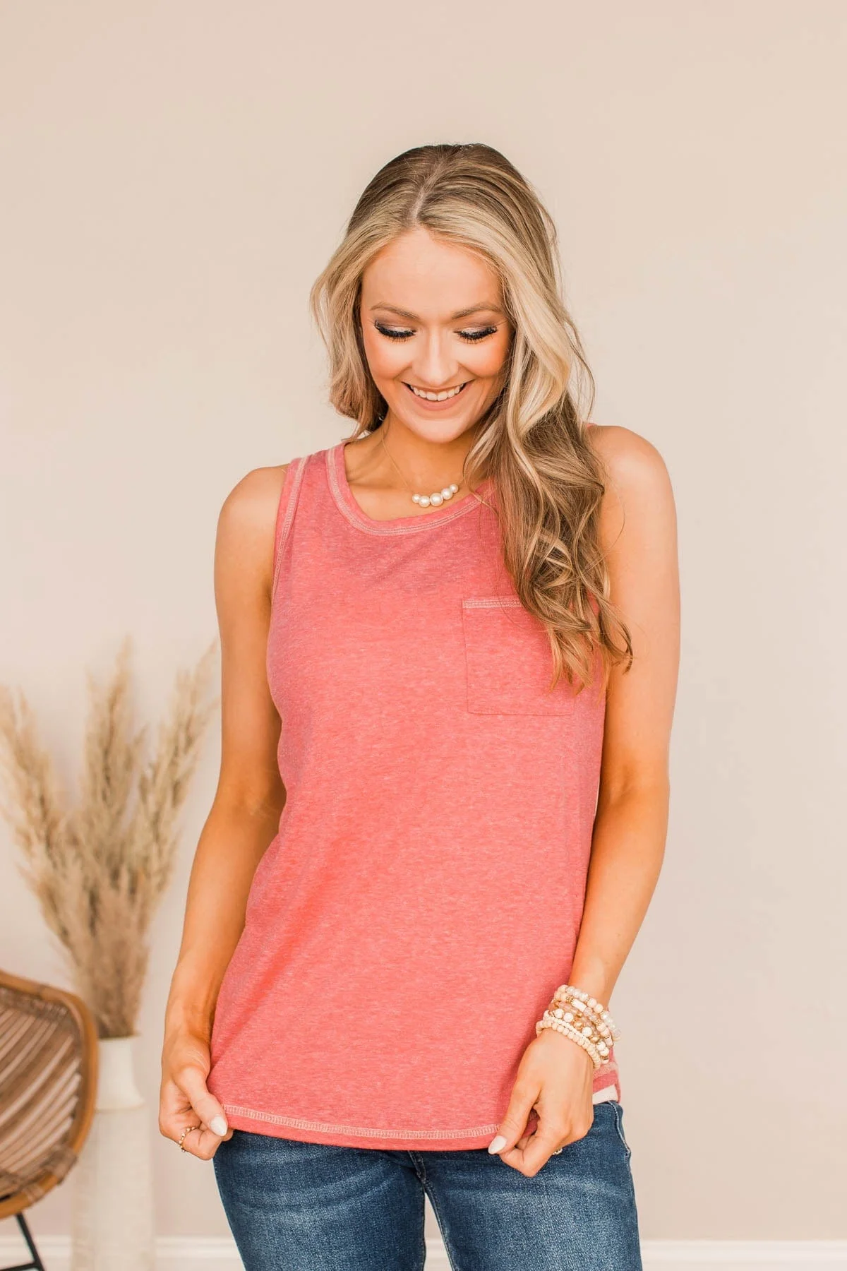 Good Things Take Time Pocket Tank Top- Hot Coral - Image 3