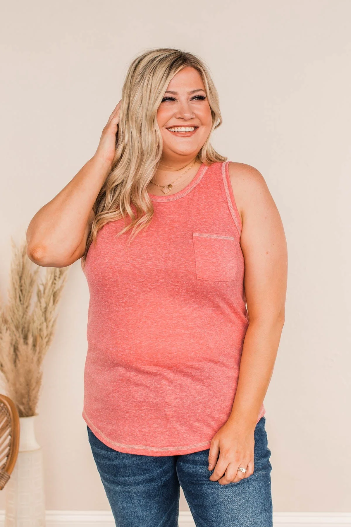 Good Things Take Time Pocket Tank Top- Hot Coral - Image 4