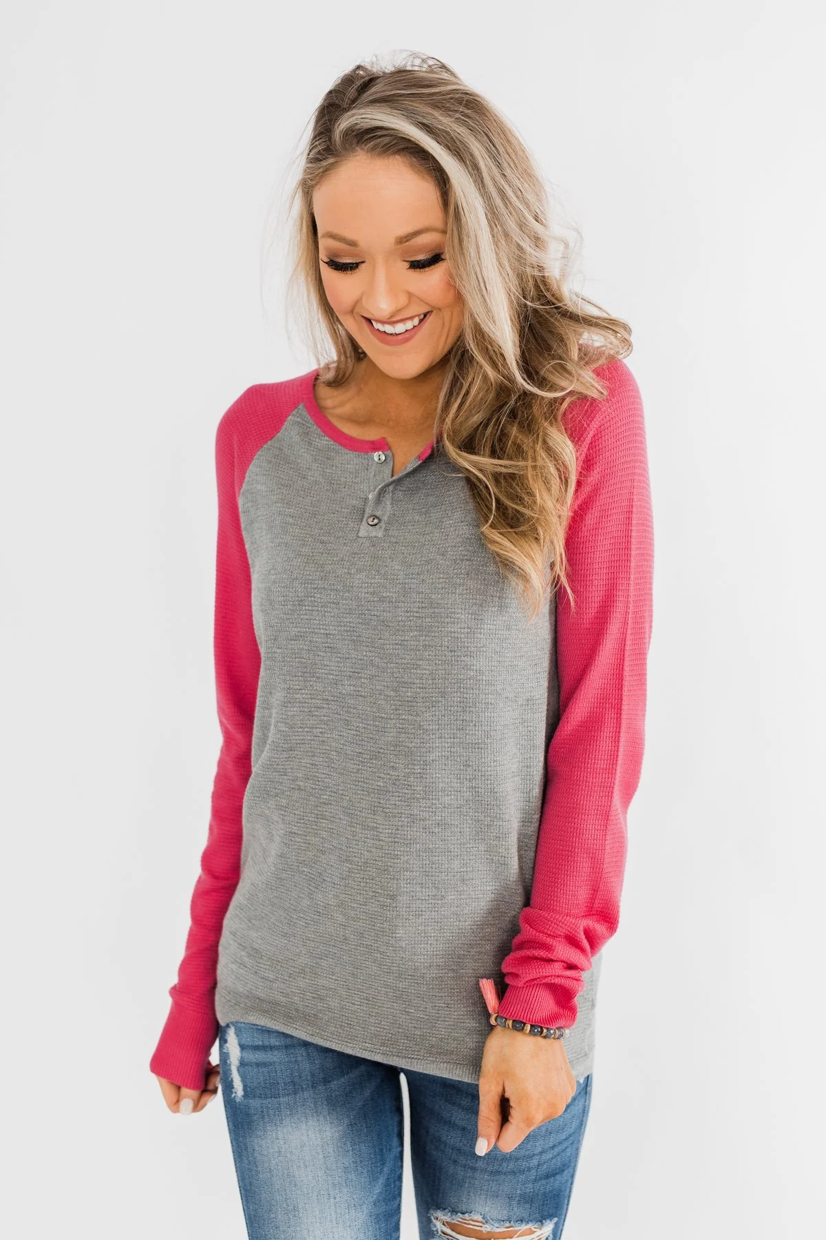 Good Things To Come Raglan Top- Dark Grey & Pink - Image 5